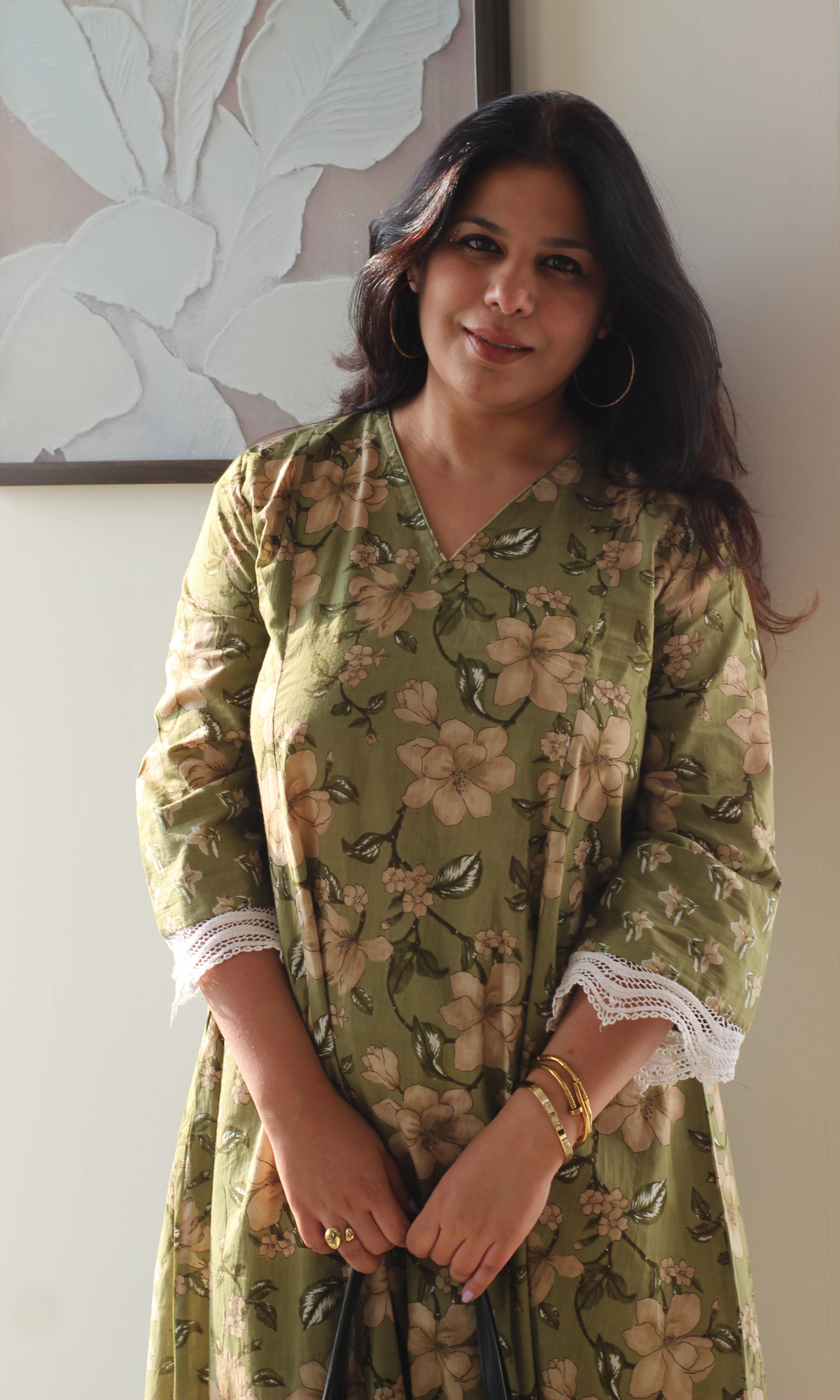 Olive Floral High Low Kurta with Palazzo