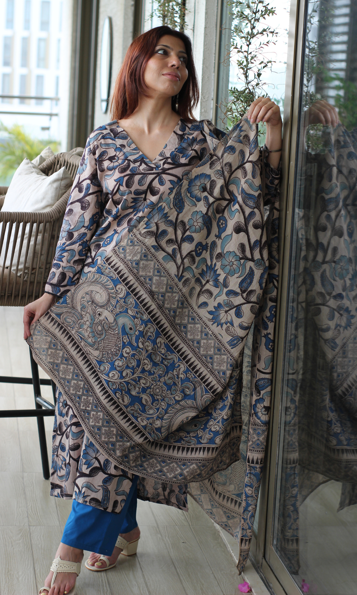 Noor Blue Handblock Kalamkari Kurta, Dupatta & Cotton Pants