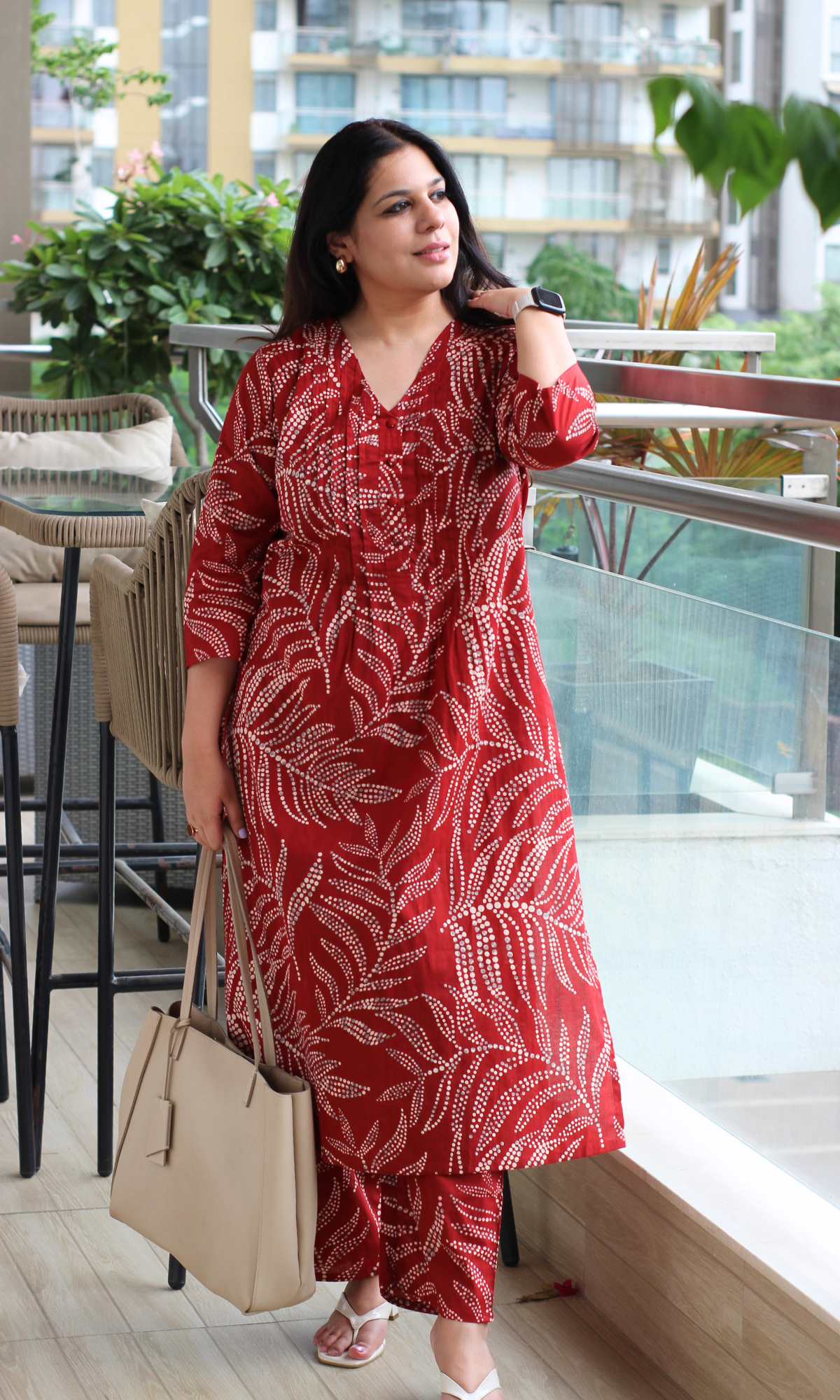 Red Dotted Leafy Print Pleated Kurta & Pant