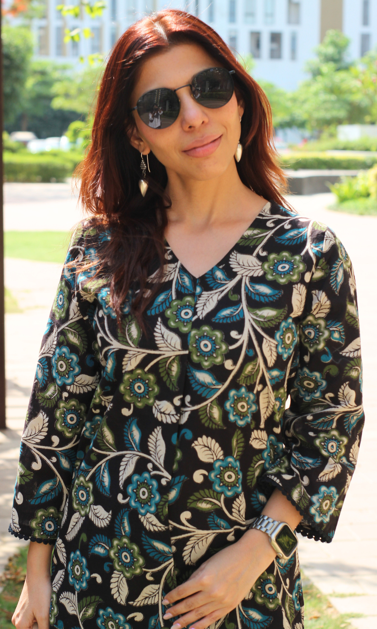 Cotton Black Kalamkari leaf Print Pleated Kurta & Pant