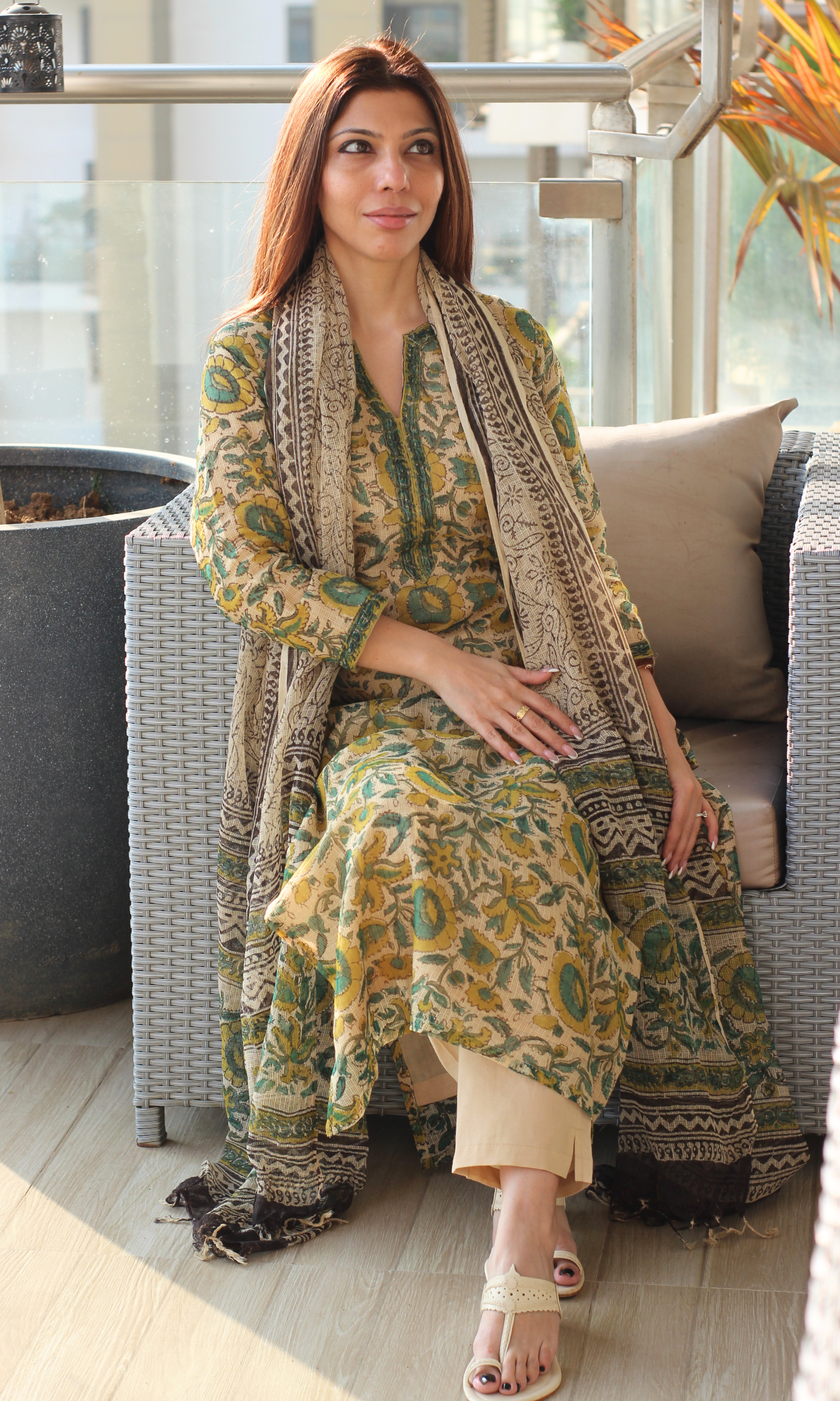 Kota Doria Beige & Yellow Kalamkari Handblock Print Kurta and Dupatta with Cotton Pants