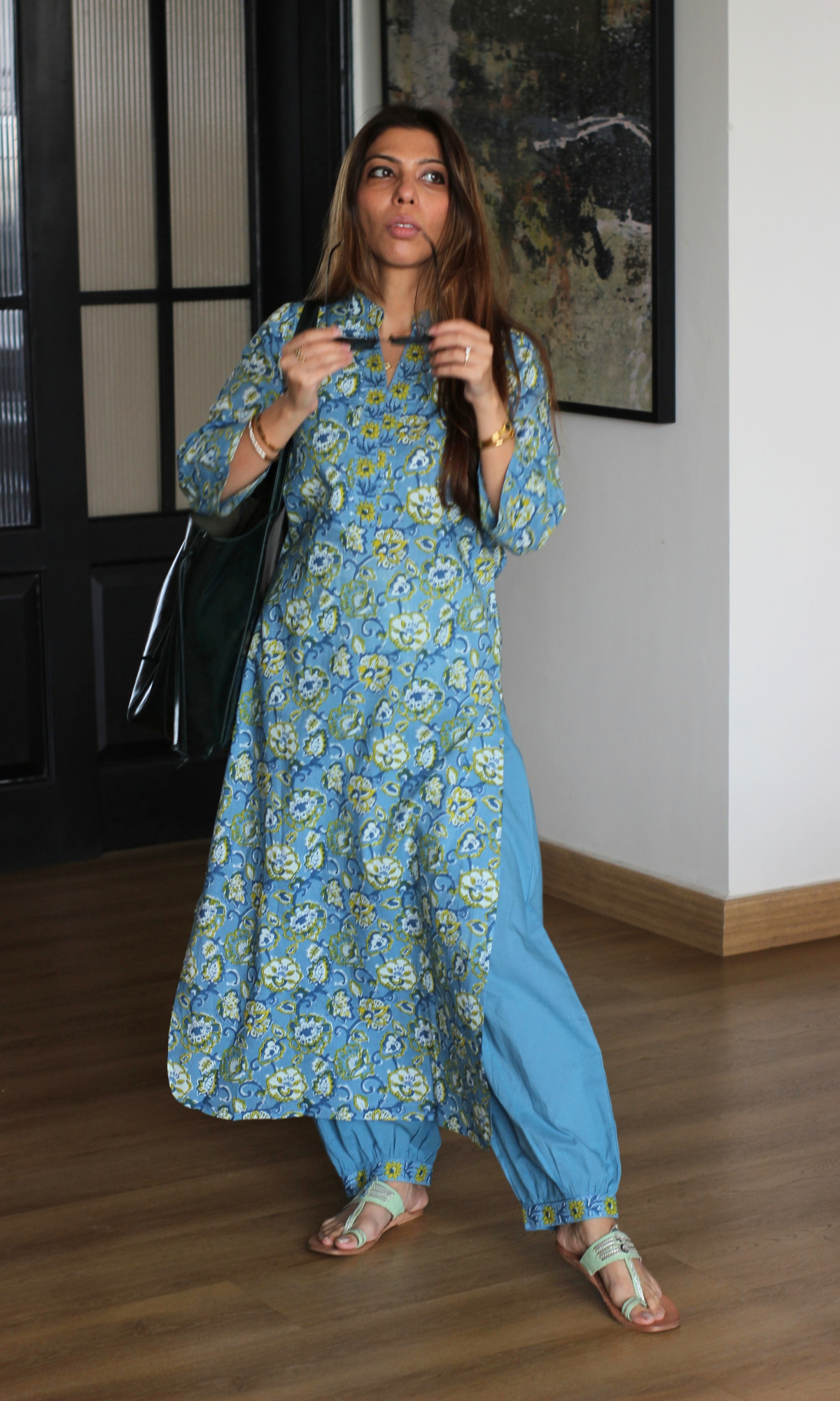 Sky Blue Cotton Floral Block Print Kurta & Pleated Pants
