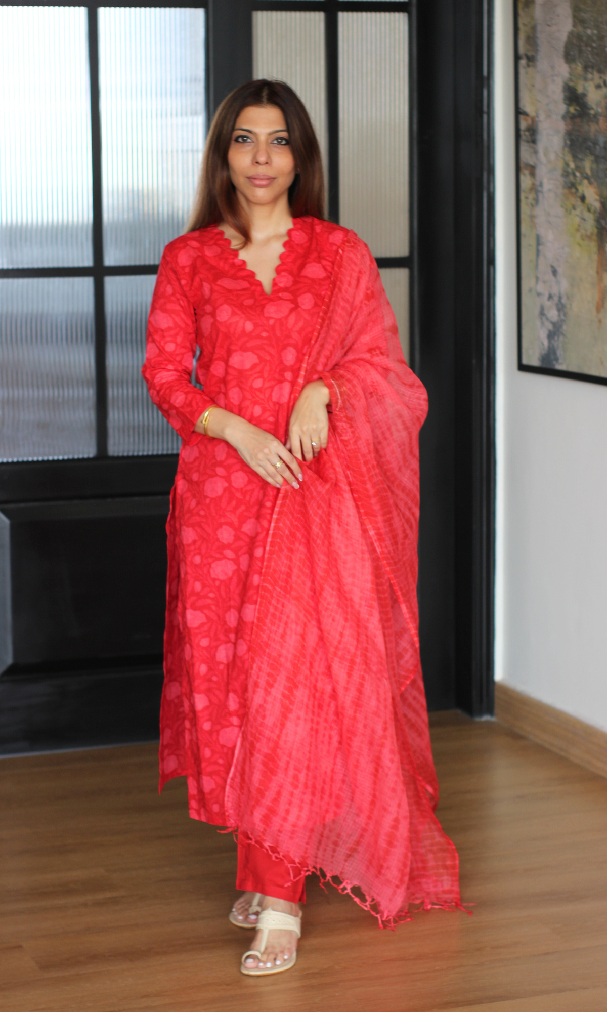 Red Romance Dabu Texture Cotton Kurta, Pant & Kota Doria Shibori Dupatta