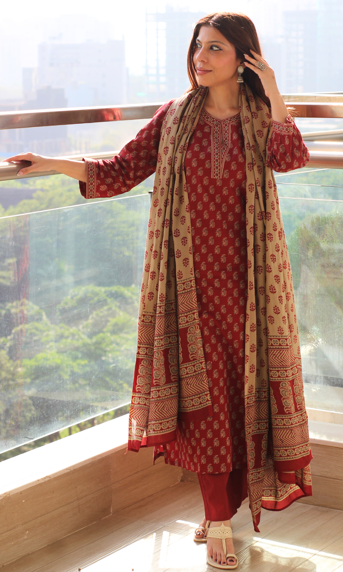 Ruhani Maroon Printed Kurta, Dupatta & Cotton Pants