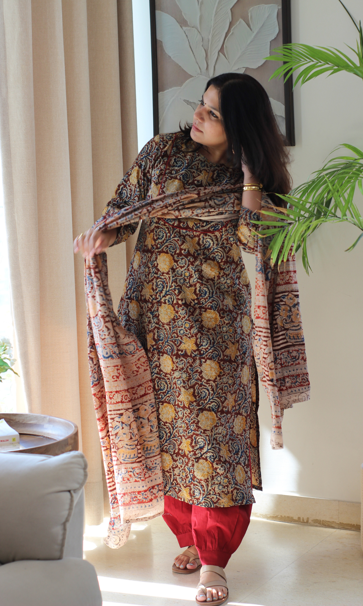 Deep Red & Yellow Flower Story Handblock Kalamkari Kurta, Dupatta & Afghani Pants