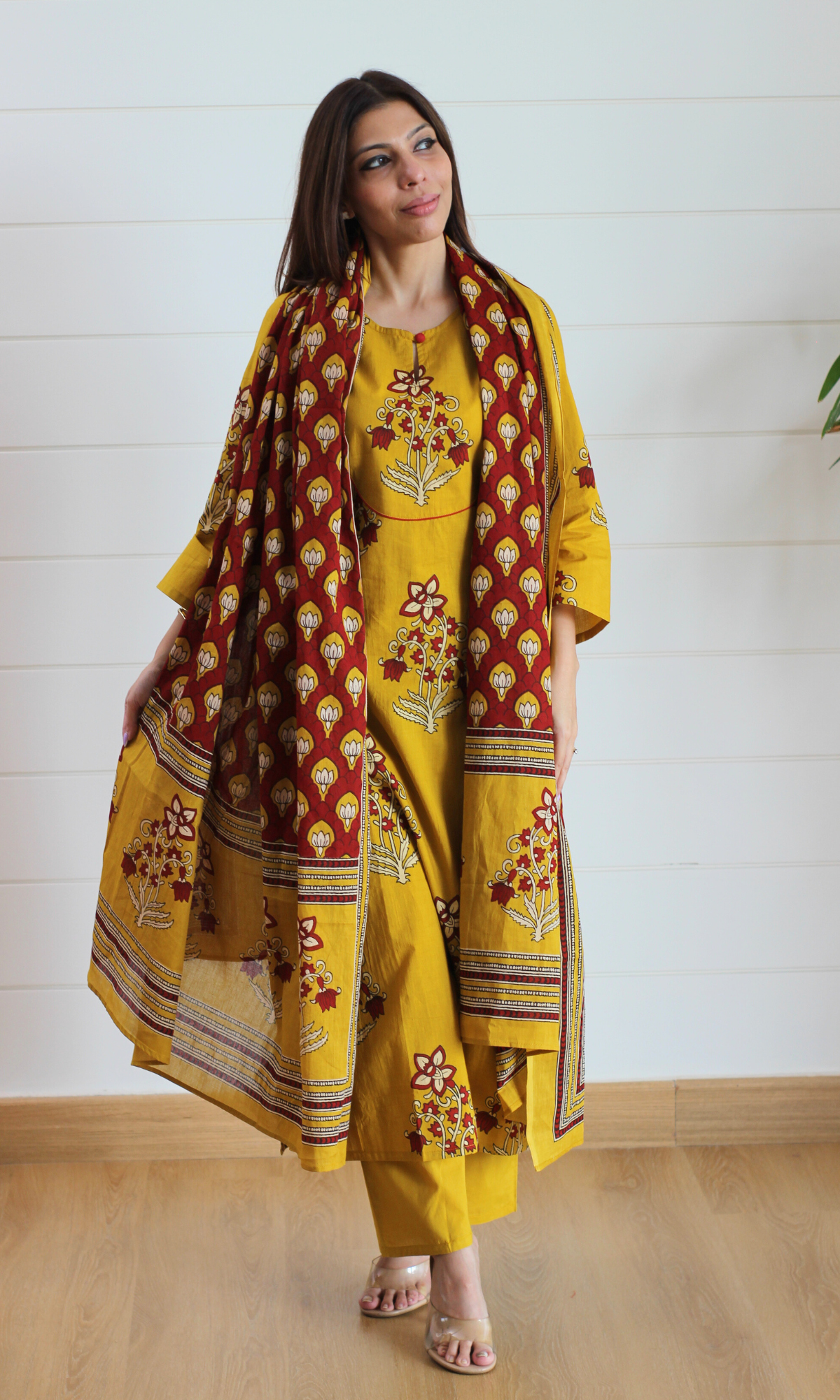 Haldi Gul Mughal Print Cotton Kurta, Dupatta & Pants