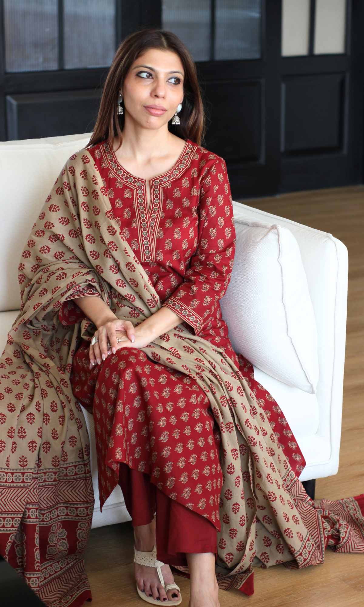 Ruhani Maroon Printed Kurta, Dupatta & Cotton Pants