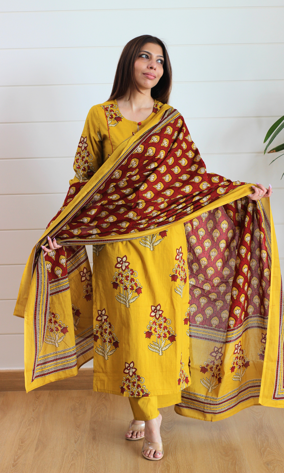 Haldi Gul Mughal Print Cotton Kurta, Dupatta & Pants