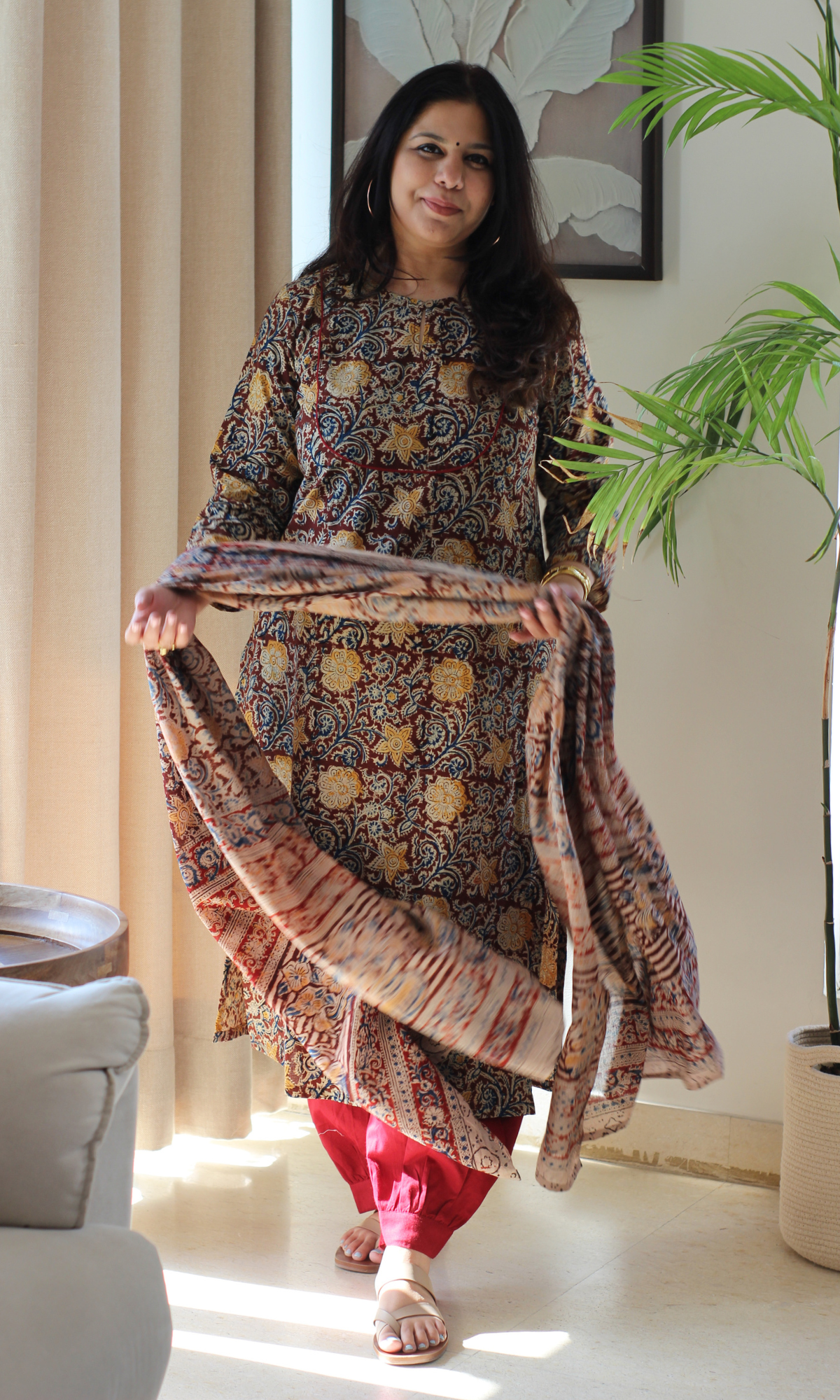 Deep Red & Yellow Flower Story Handblock Kalamkari Kurta, Dupatta & Afghani Pants