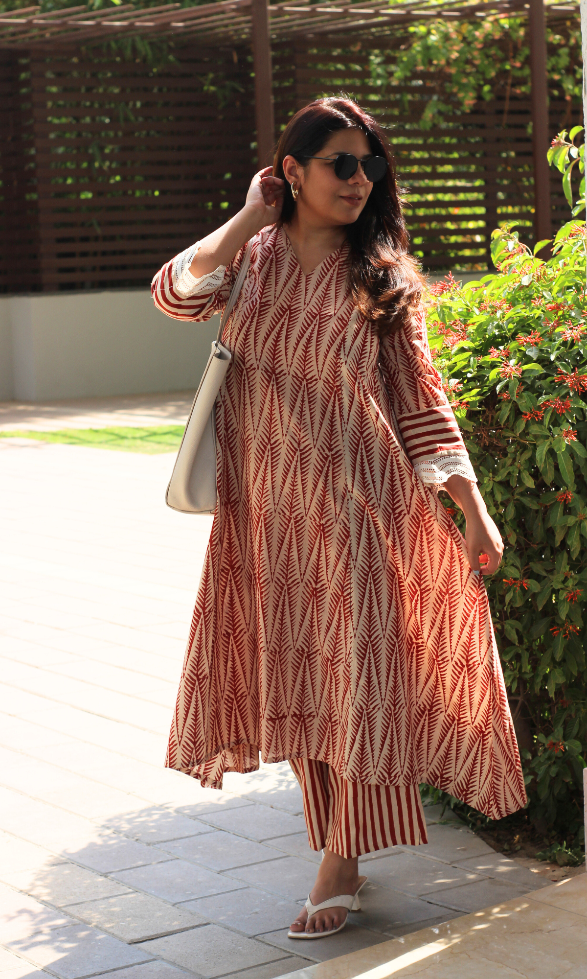 Cotton Handblock Red Leafline A line , Laced Sleeve Kurta with Pants