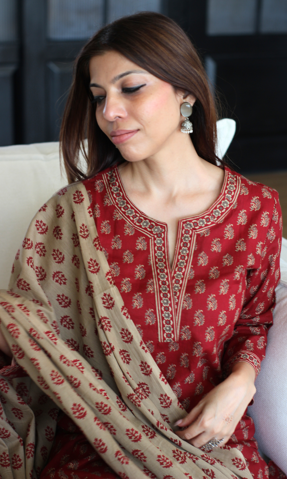 Ruhani Maroon Printed Kurta, Dupatta & Cotton Pants