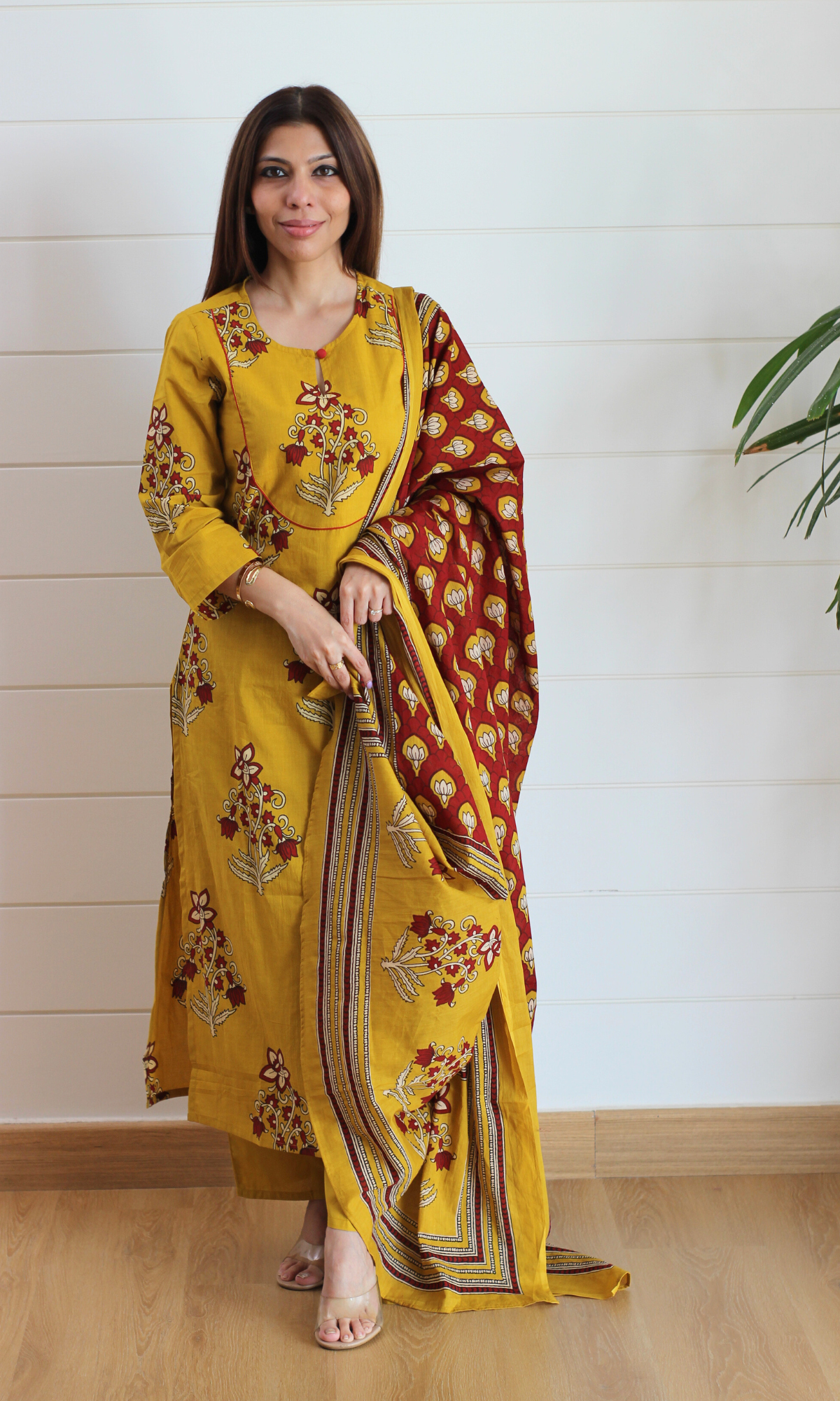 Haldi Gul Mughal Print Cotton Kurta, Dupatta & Pants