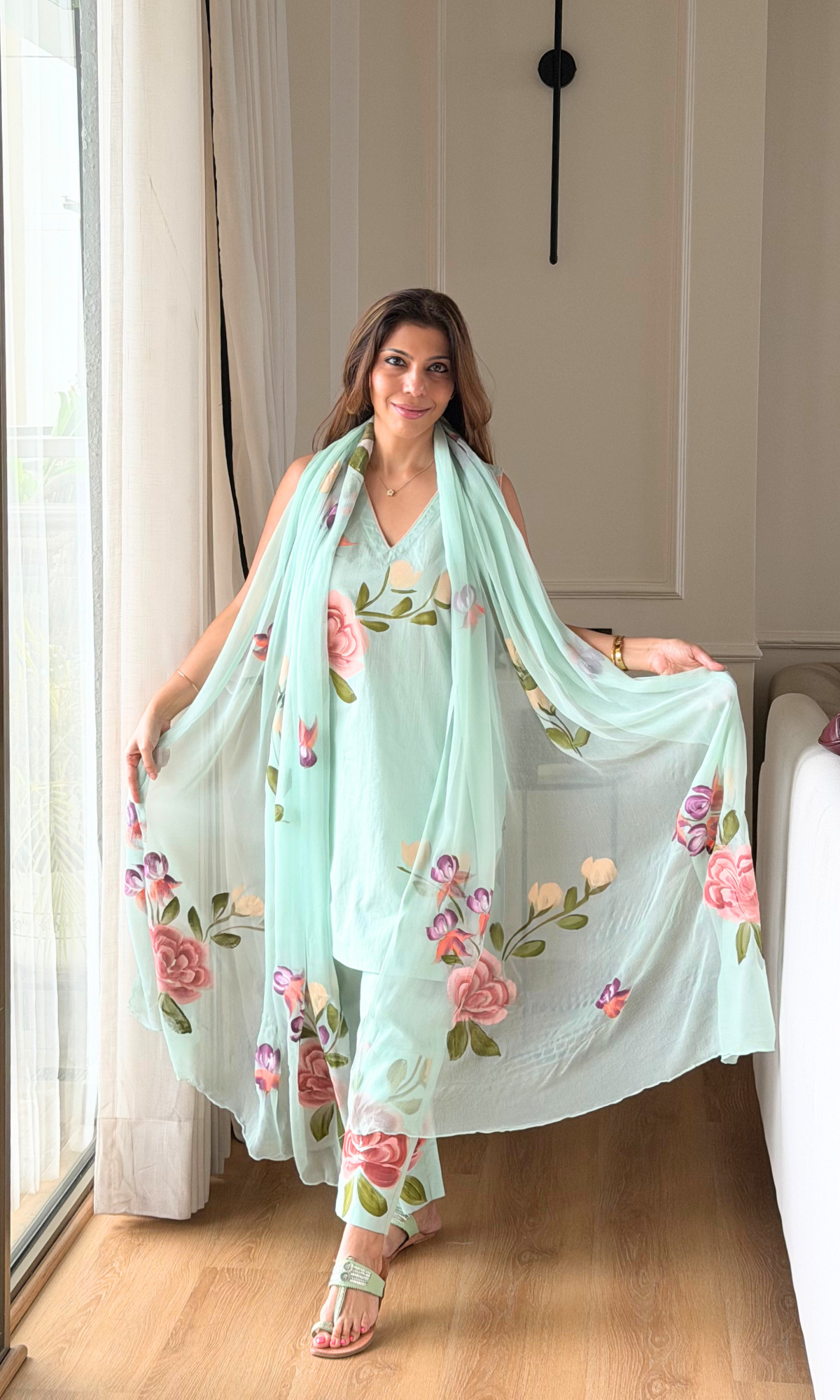 Mint Blossom Cotton Handpainted Sleeveless Kurta, Pants & Chiffon Handbrush Painted Dupatta