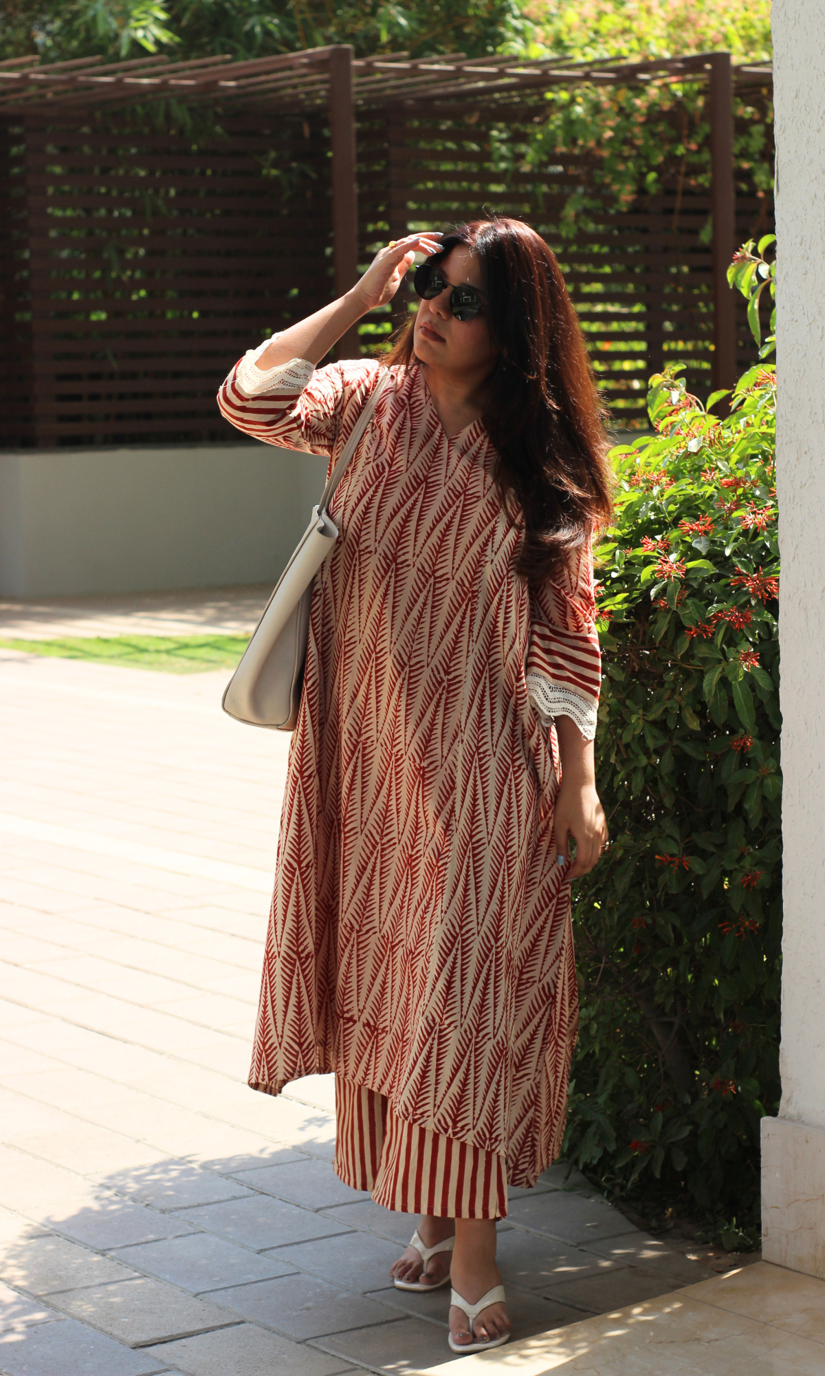 Cotton Handblock Red Leafline A line , Laced Sleeve Kurta with Pants