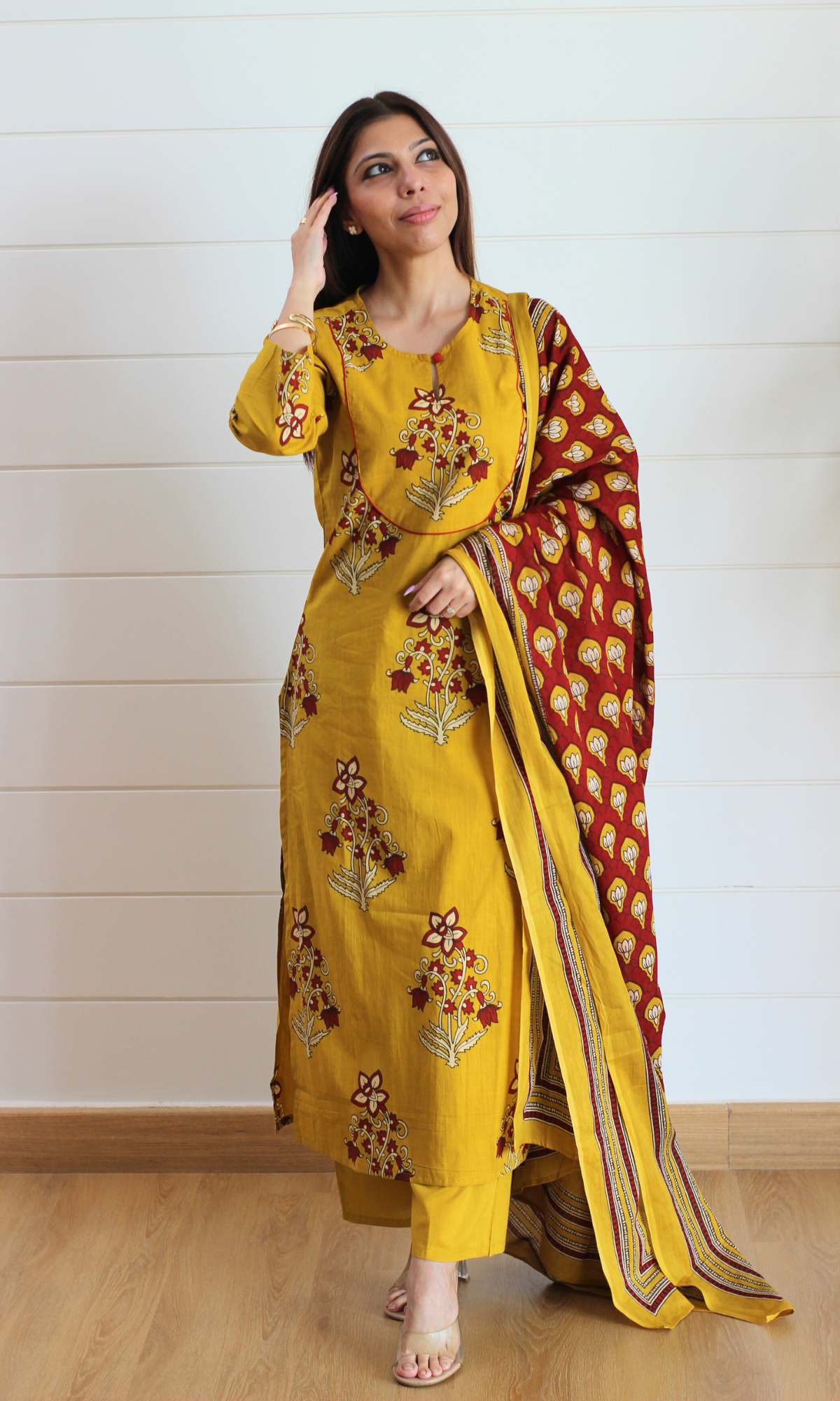Haldi Gul Mughal Print Cotton Kurta, Dupatta & Pants