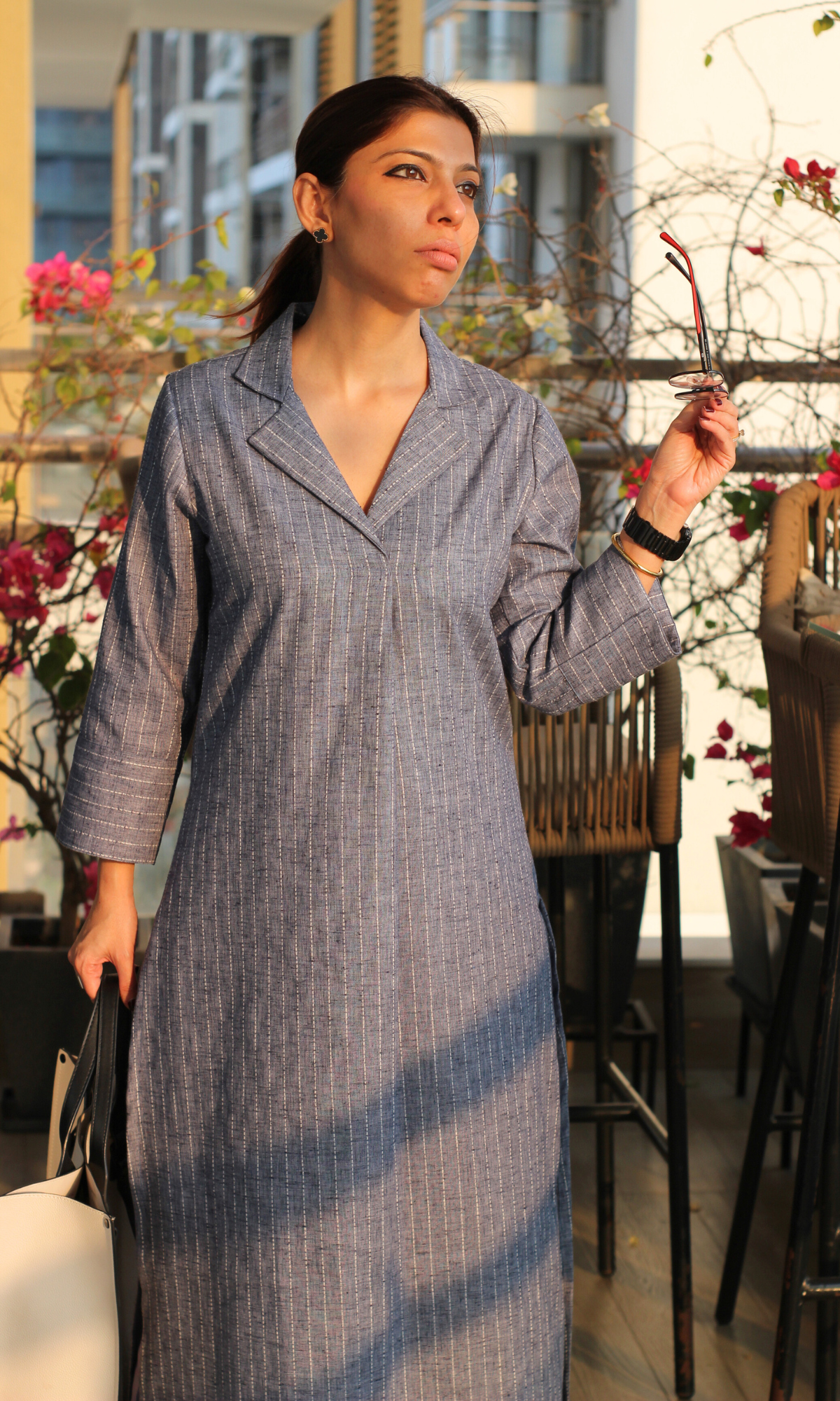 Denim Collared Striped Thread Kurta & Pant