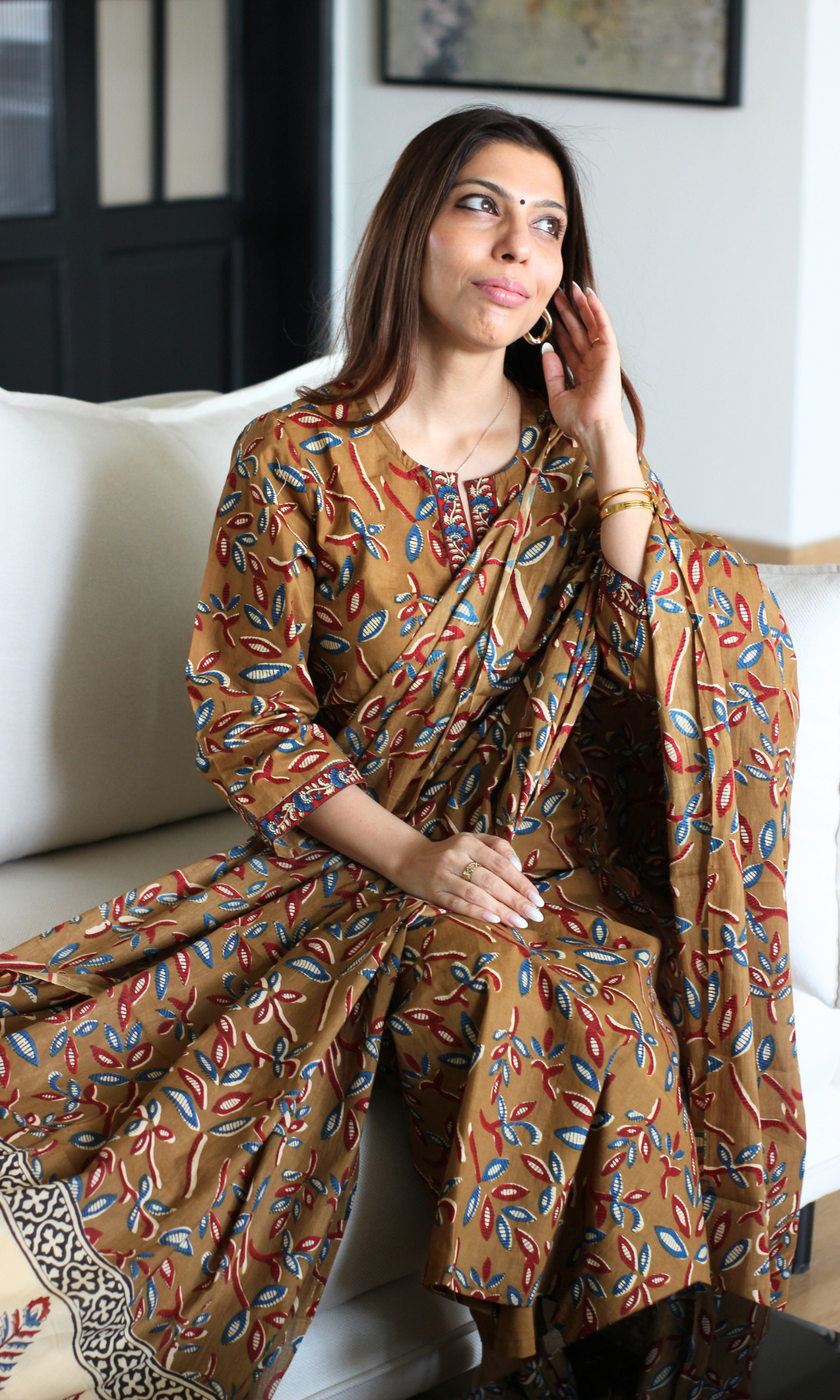 Mocha Mustard Kalamkari Leaf Print Cotton Kurta, Dupatta & Cotton Pants