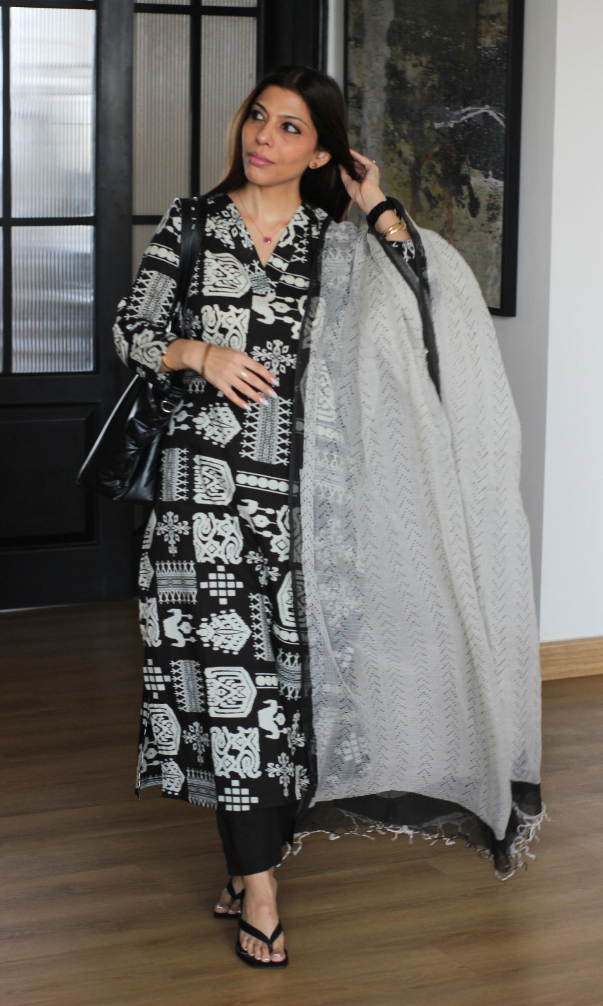 Cotton Black Noir Print Kurta, Handblock Kota Doria Dupatta & Cotton Pants