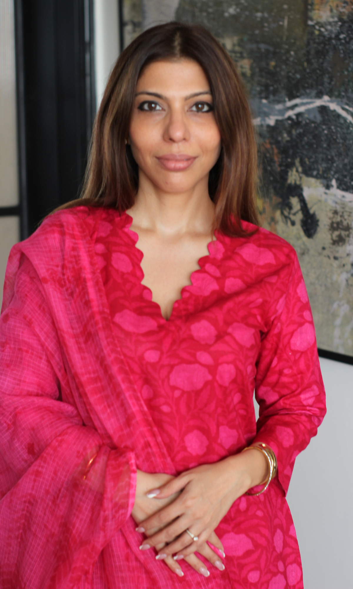 Fuschsia Love Dabu Texture Cotton Kurta, Pant & Kota Doria Shibori Dupatta