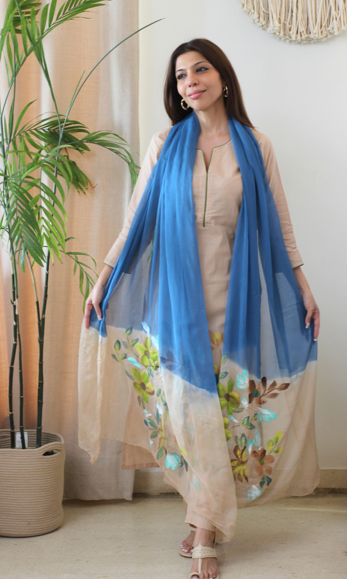 Beige & Blue Symphony Handbrush Painted Kurta, Cotton Pants & Chiffon Ombre Handpainted Dupatta