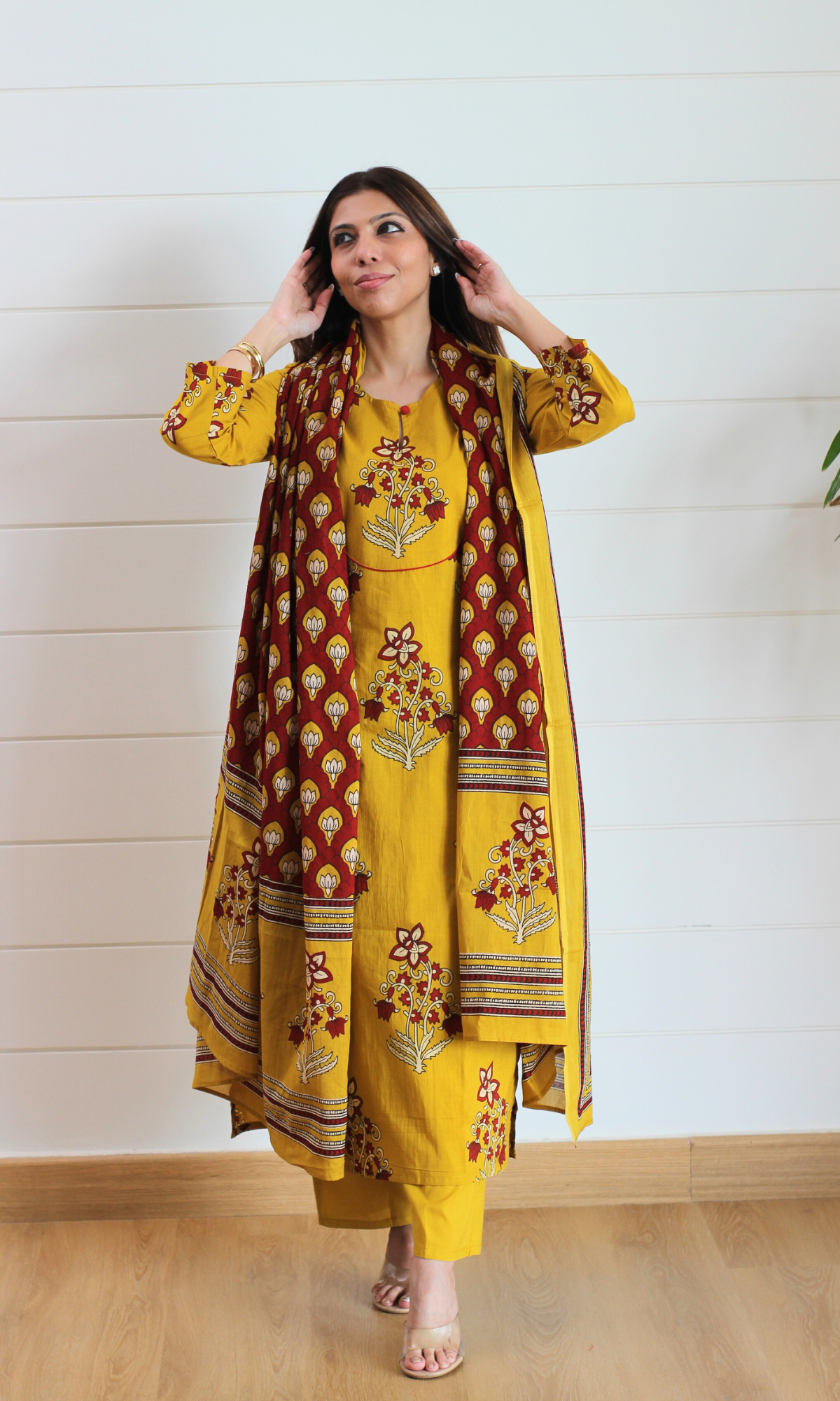 Haldi Gul Mughal Print Cotton Kurta, Dupatta & Pants