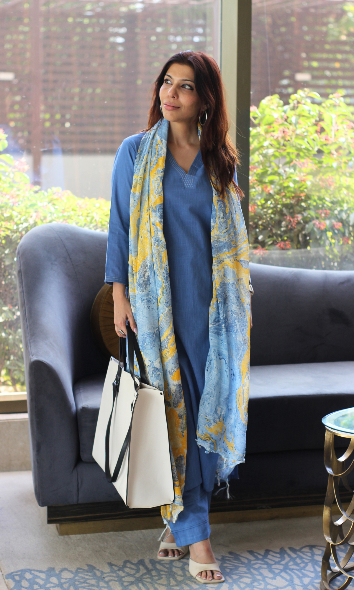 Cotton Slub French Blue Suit With Slub Mirage Dupatta
