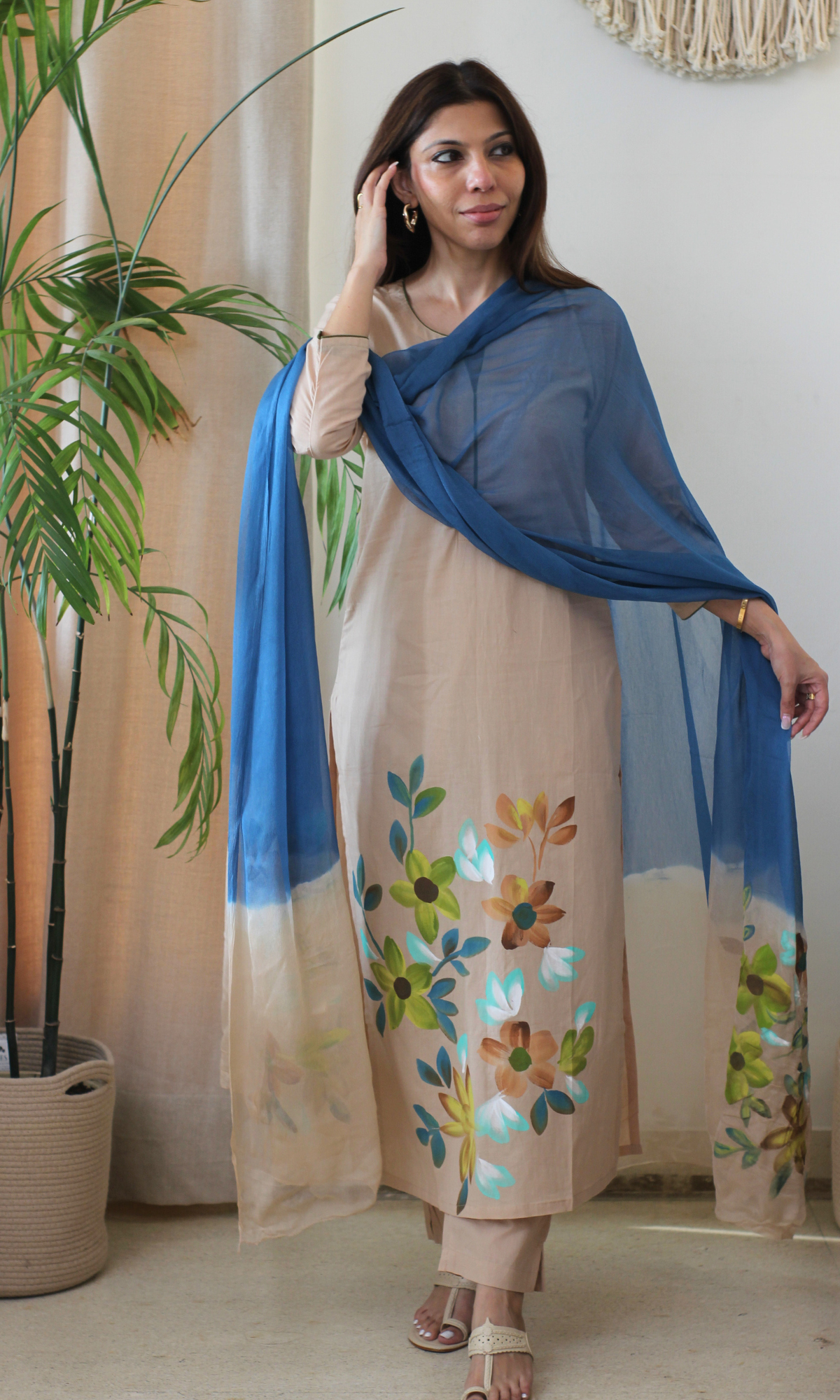 Beige & Blue Symphony Handbrush Painted Kurta, Cotton Pants & Chiffon Ombre Handpainted Dupatta