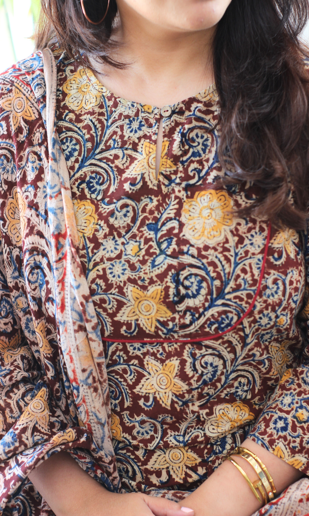 Deep Red & Yellow Flower Story Handblock Kalamkari Kurta, Dupatta & Afghani Pants
