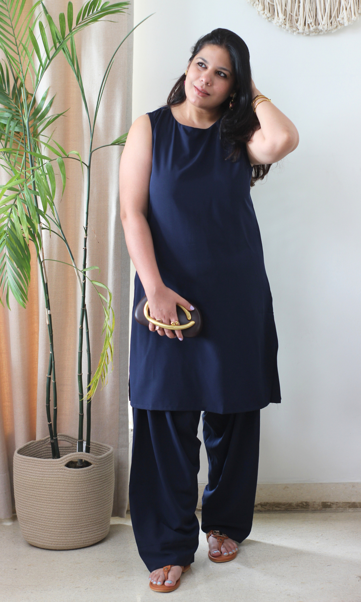 Deep Blue Glossy Boat Neck Kurta with Farshi Salwaar