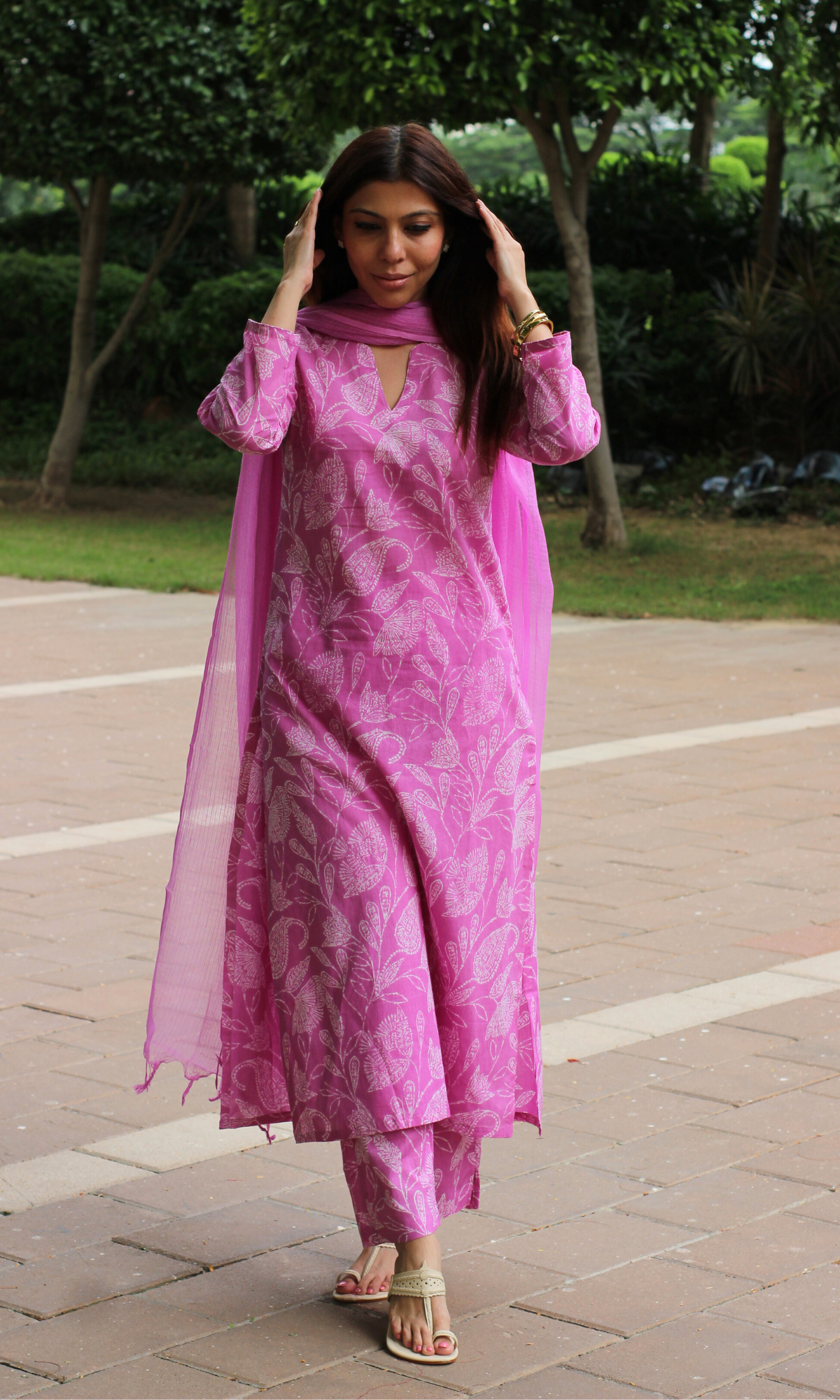 Pink Paisley Printed Cotton Kurta, Pant & Kota Doria Dupatta