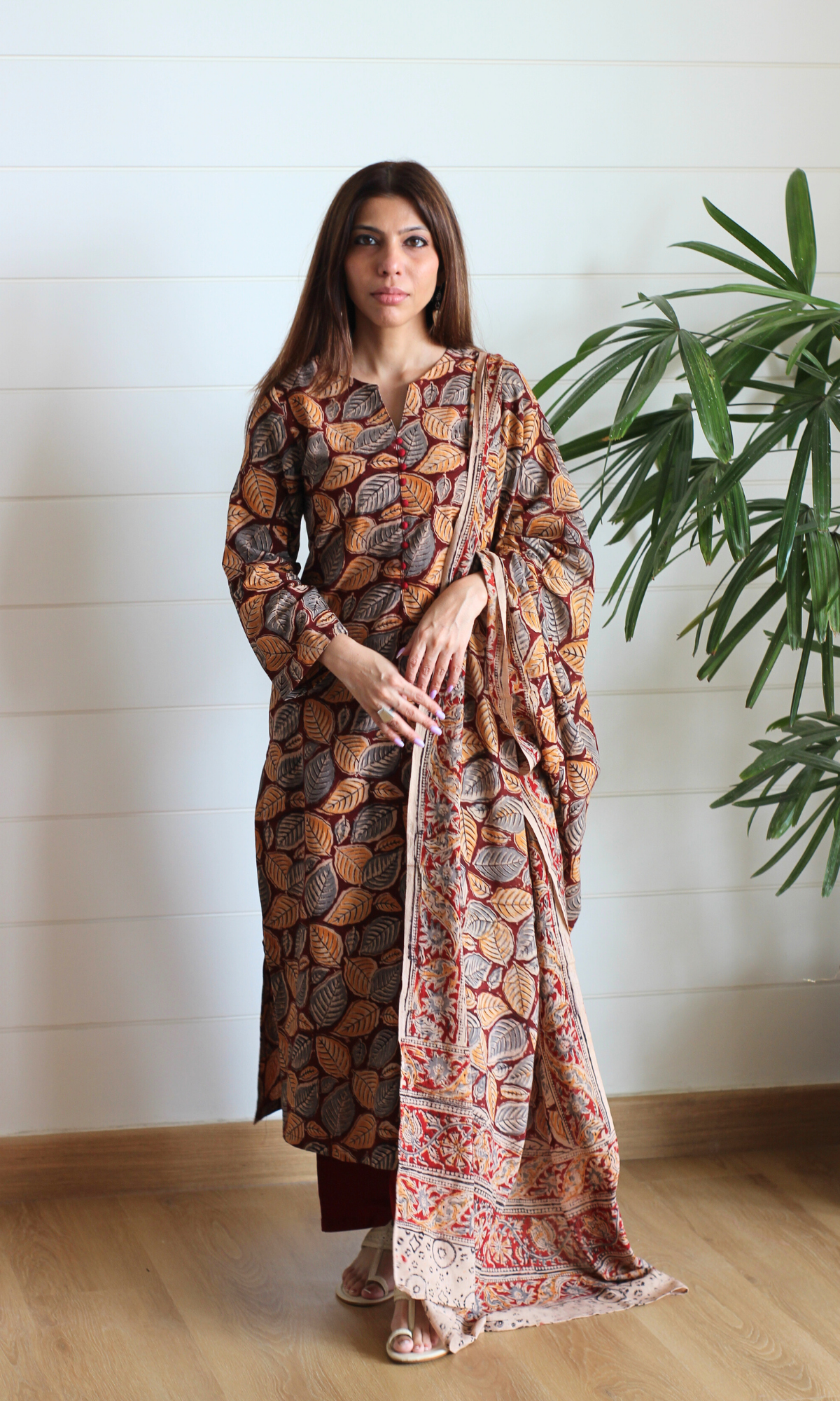Deep Red Handblock Kalamkari Leaf Print Kurta, Dupatta & Cotton Pants