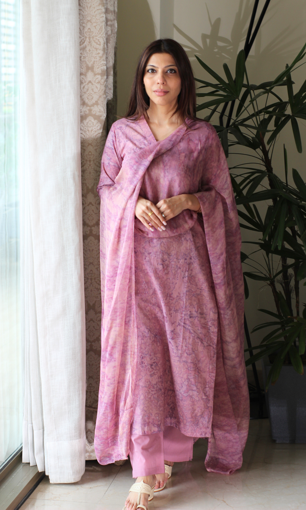 Cotton Dusty Mauve African Shibori Kurta, Chiffon Dupatta & Cotton Pants