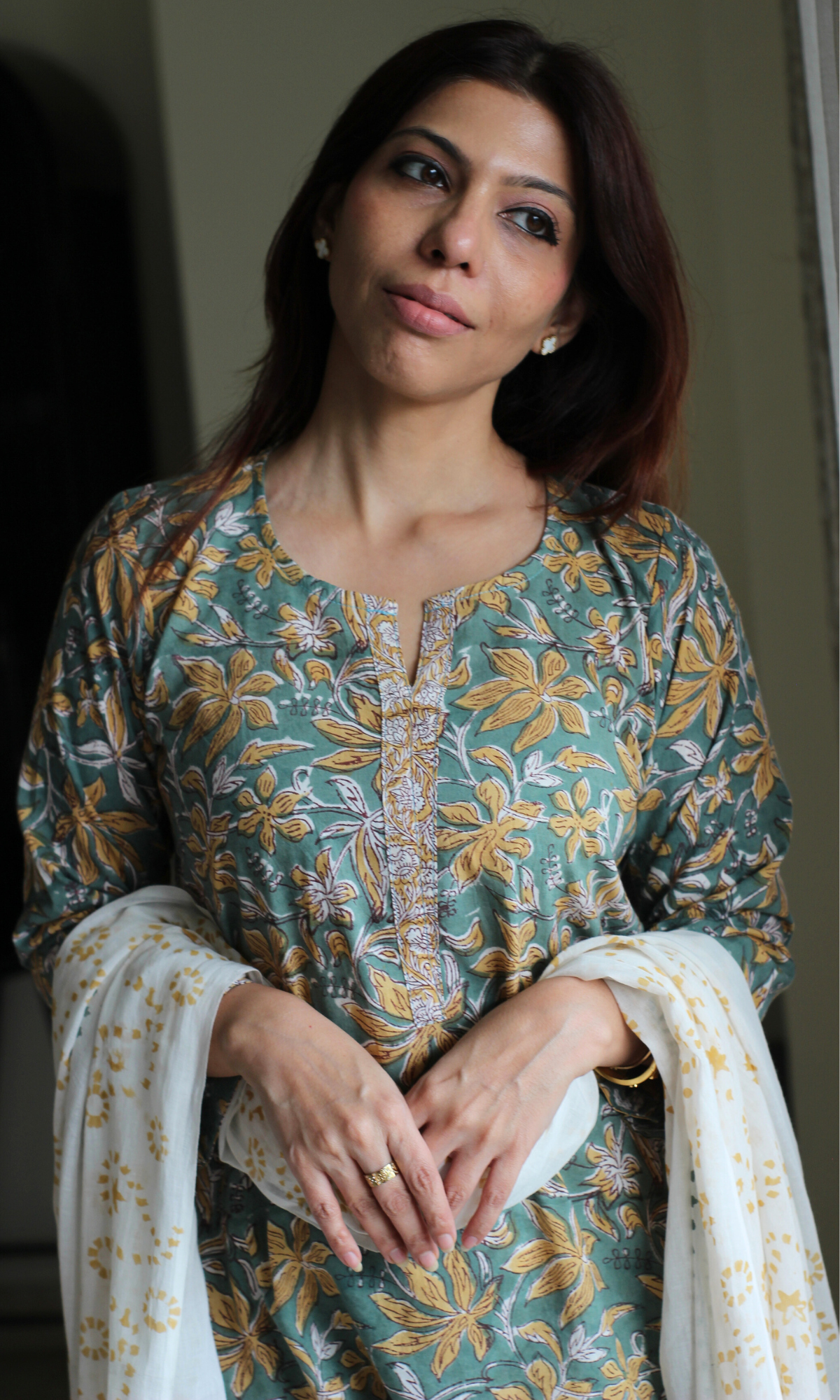 Cotton Bamboo Green Handblock Print Kurta, Pant and Mul Dupatta