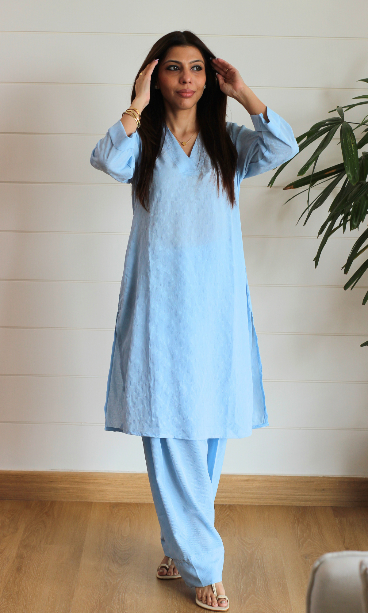 Ice Blue Textured Kurta with Farshi Salwaar