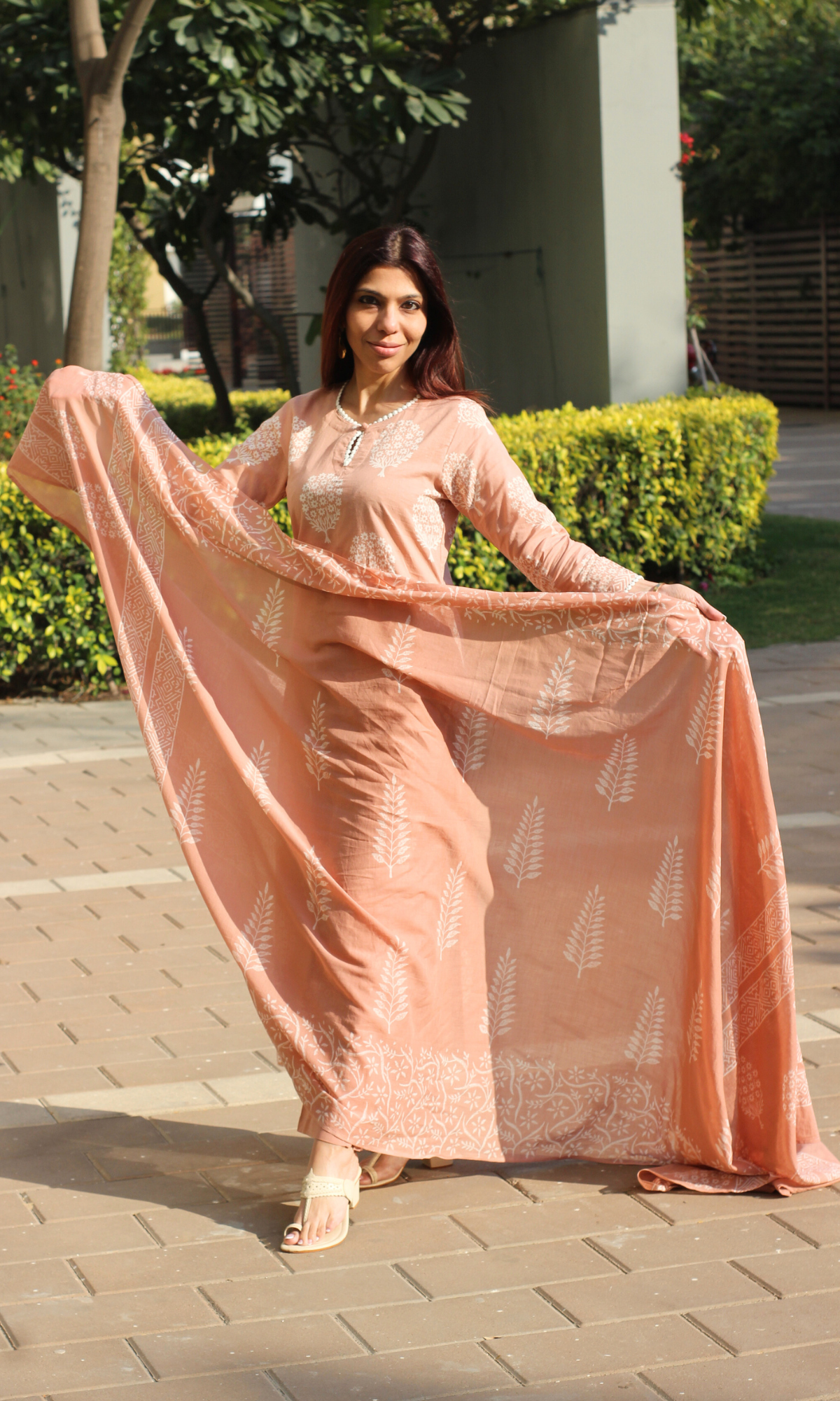 Cotton Handblock Salmon Mughal Print Suit with Cotton Handblock Printed Dupatta