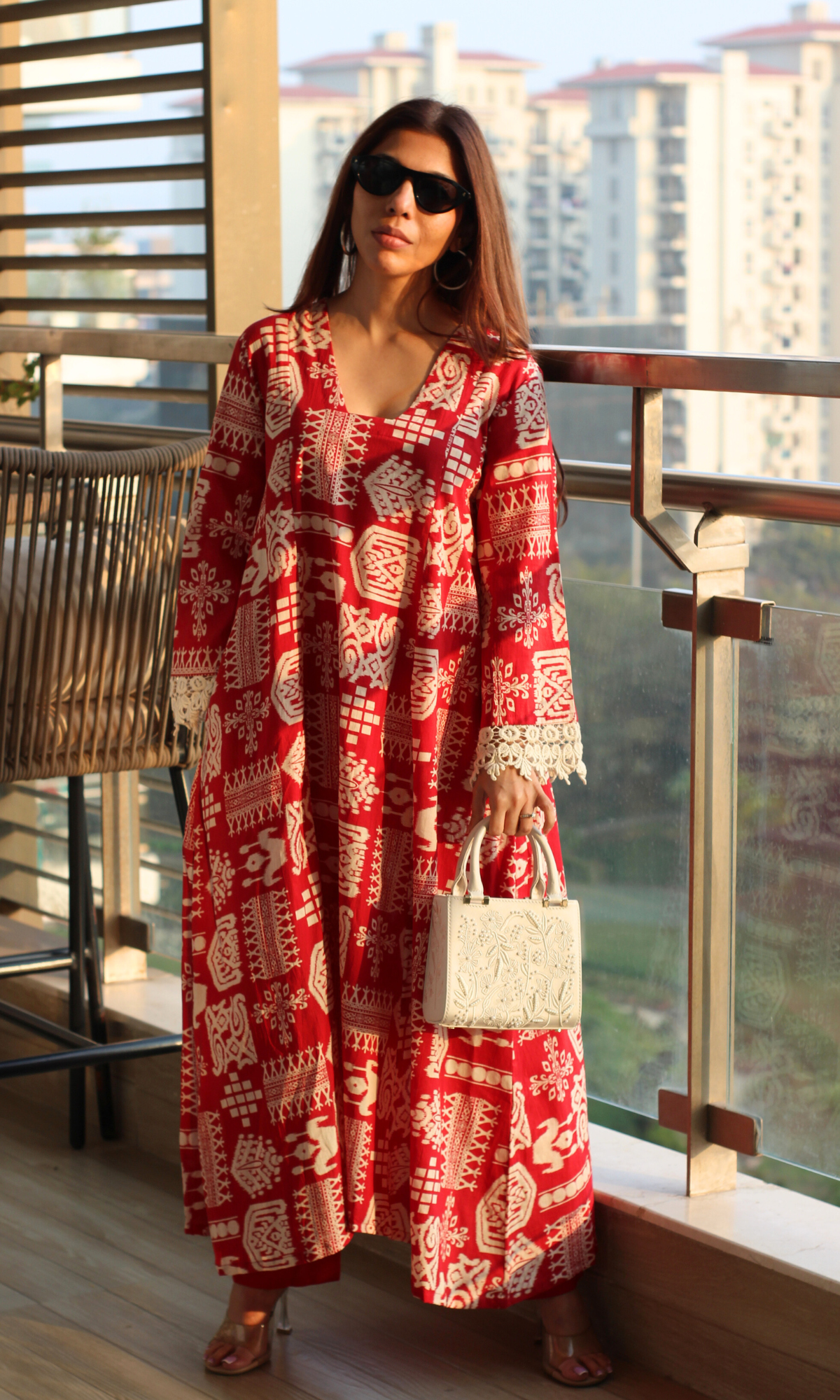 Red Tribal Printed High Low Cotton Kurta with Pants