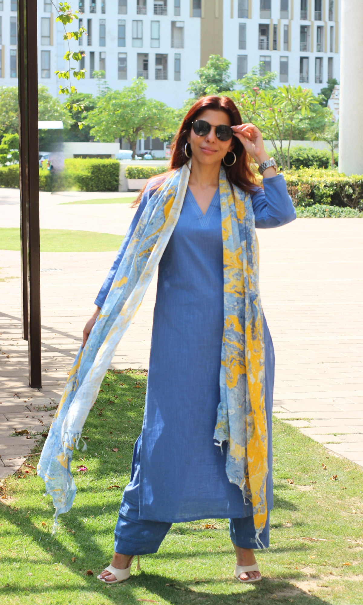Cotton Slub French Blue Suit With Slub Mirage Dupatta