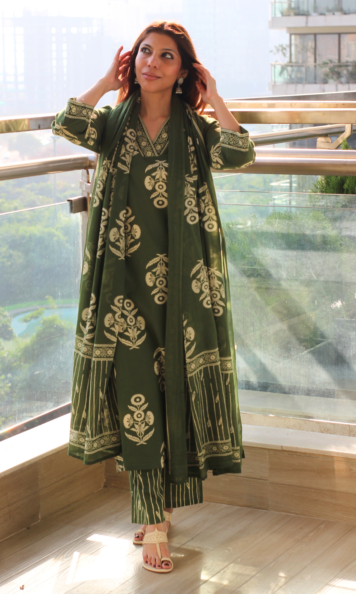 Cotton Royal Green Mughal Print Kurta, Dupatta & Printed Pants