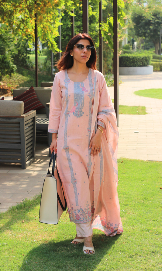 Linen Blend Blush Woven Kurta , Dupatta & Cotton Pants