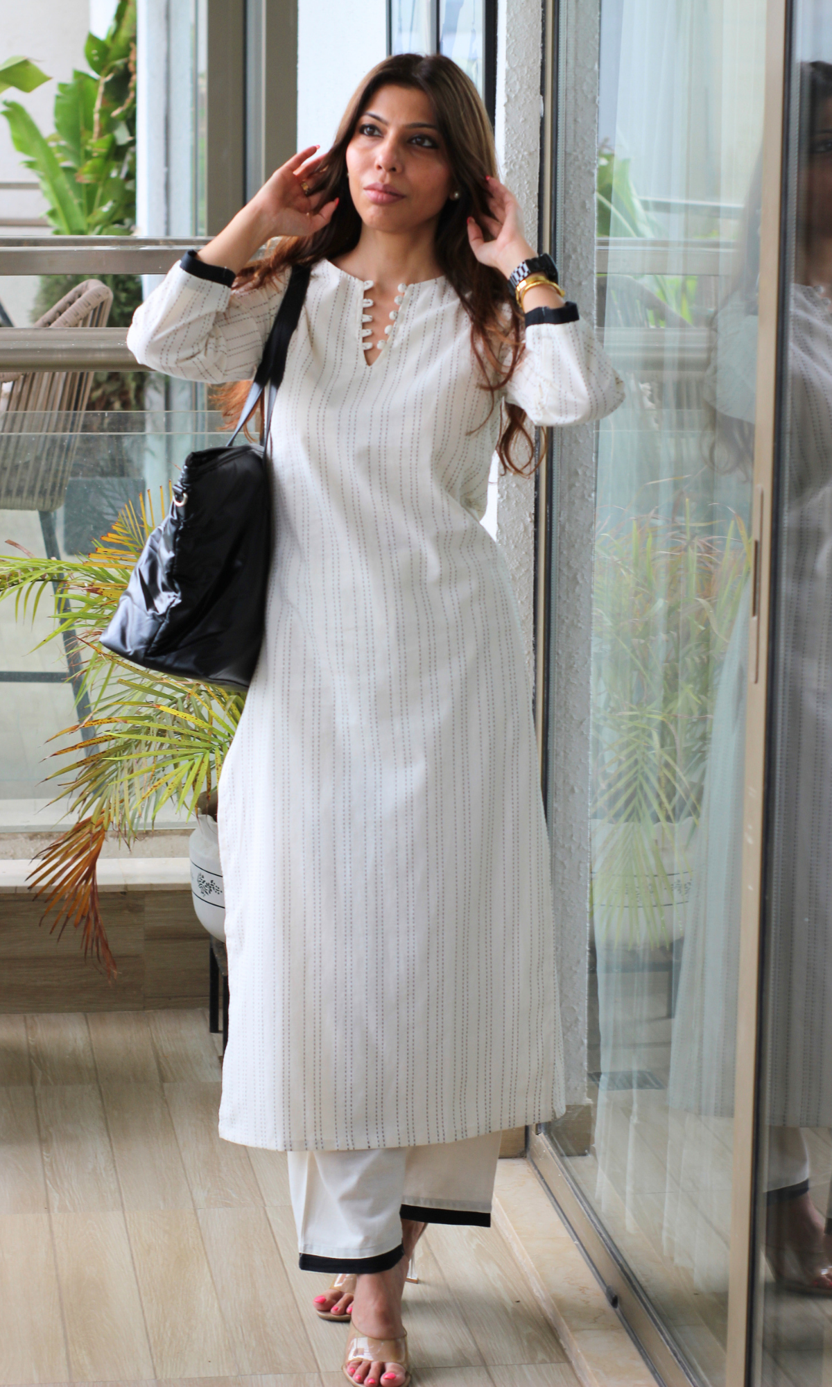 Cotton Off-white & Black Thread Detail Kurta with Bottom