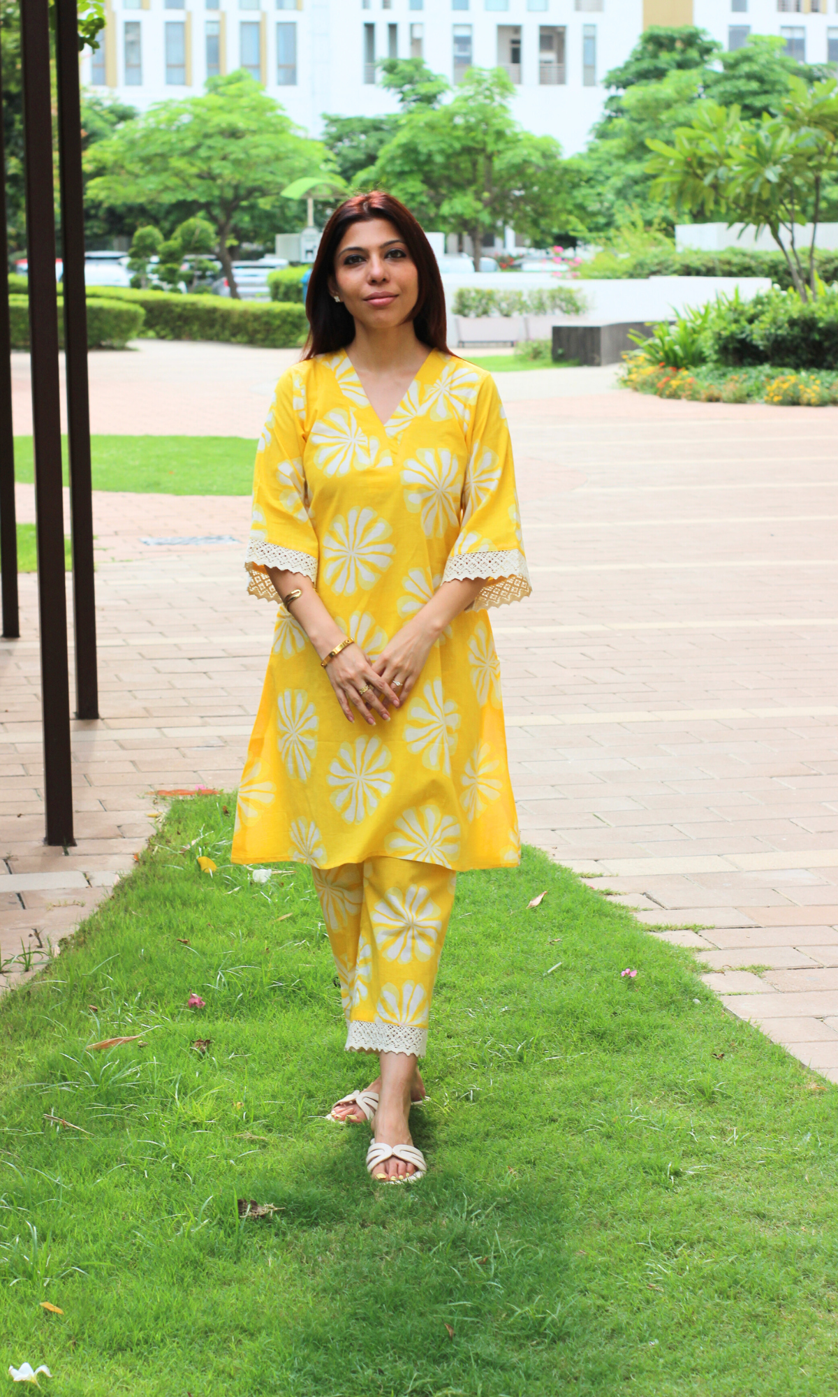 Cotton Yellow Daisy Laced Co-ord