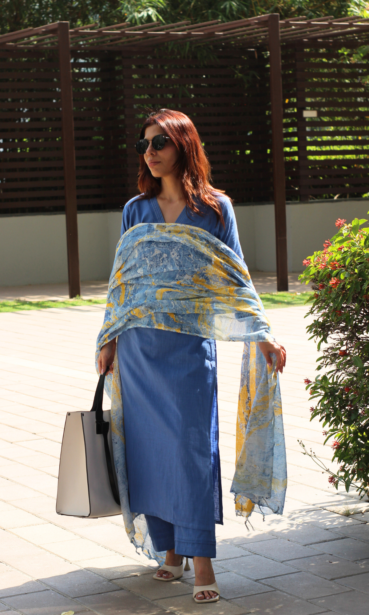 Cotton Slub French Blue Suit With Slub Mirage Dupatta