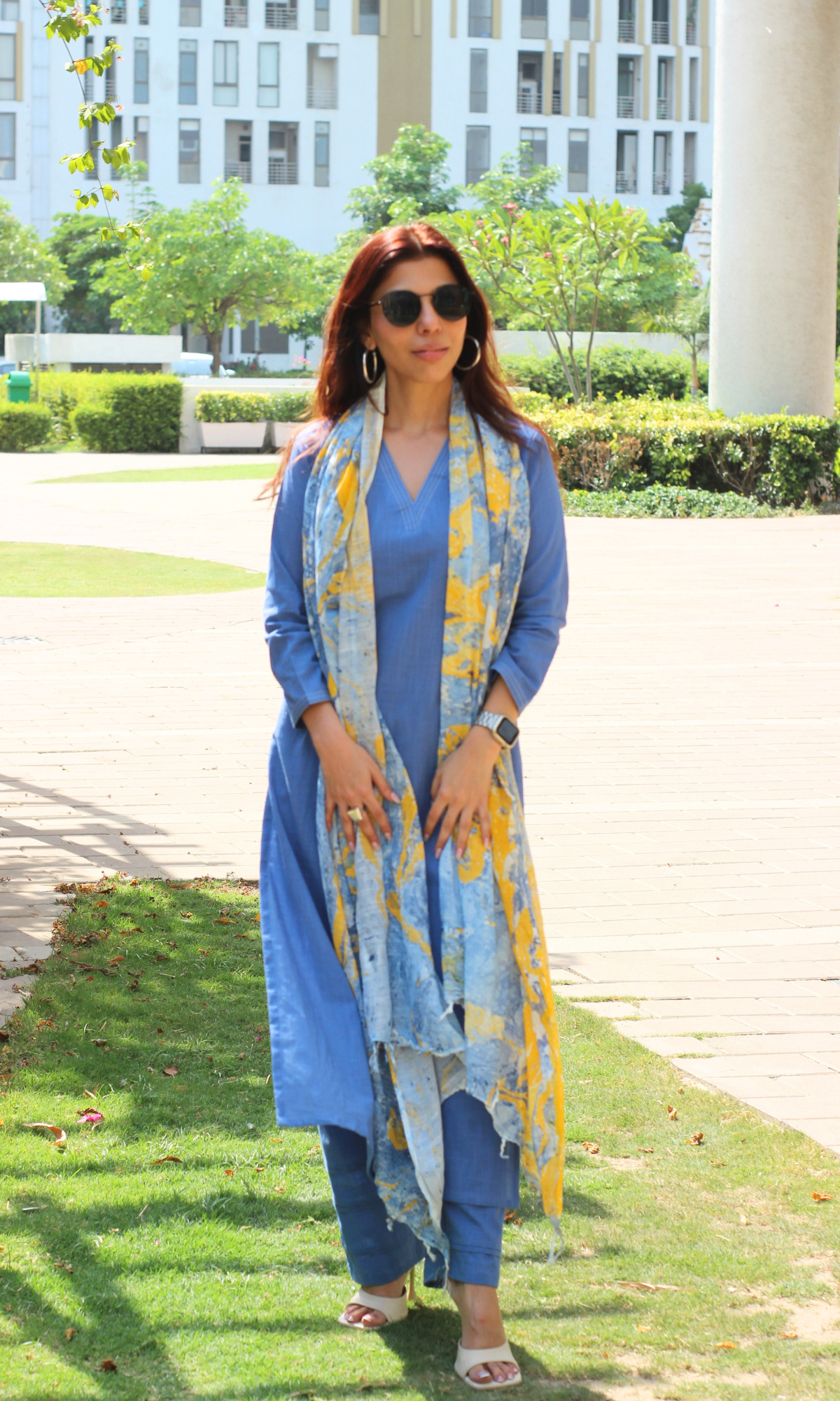 Cotton Slub French Blue Suit With Slub Mirage Dupatta