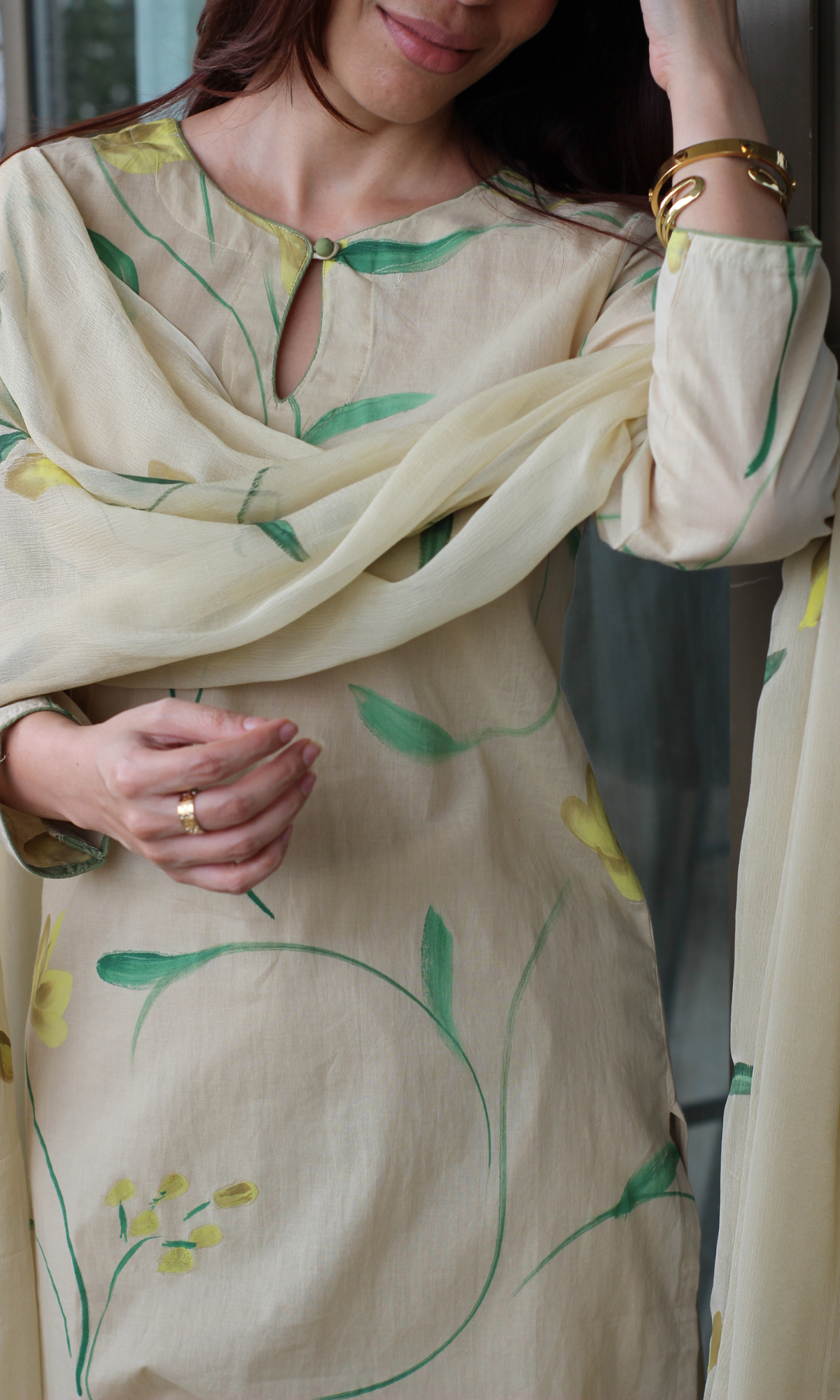 Cotton Beige & Yellow Handbrush Painted Kurta, Pant & Chiffon Handpainted Dupatta