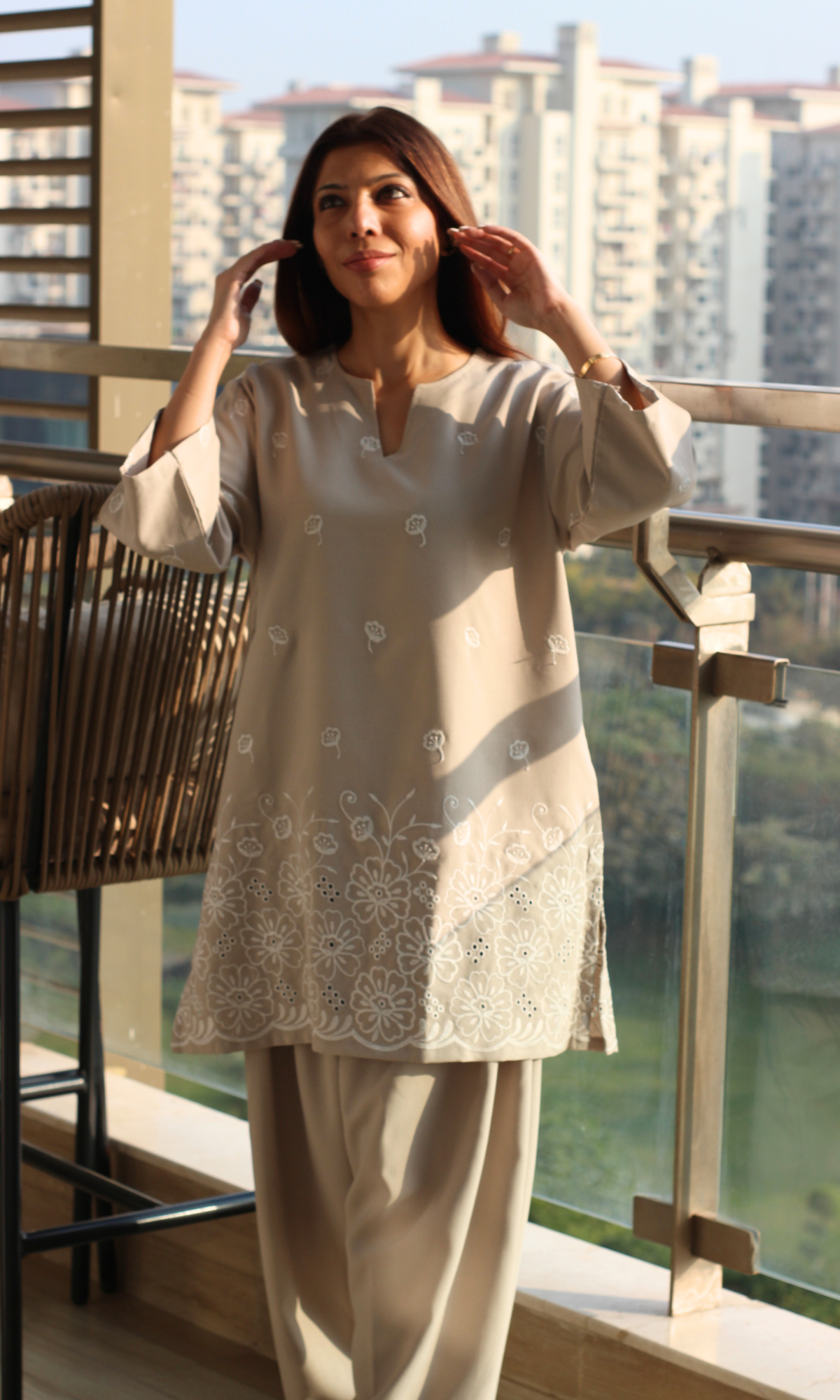 Muted Taupe Embroidered Anti Fit Kurta & Farshi Salwaar