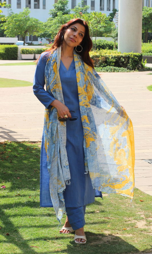 Cotton Slub French Blue Suit With Slub Mirage Dupatta