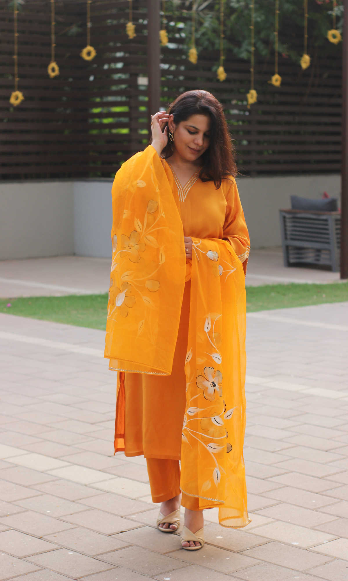 Muslin Silk Mustard & Gold Slit Sleeve Suit with Organza Handbrush Painted Dupatta