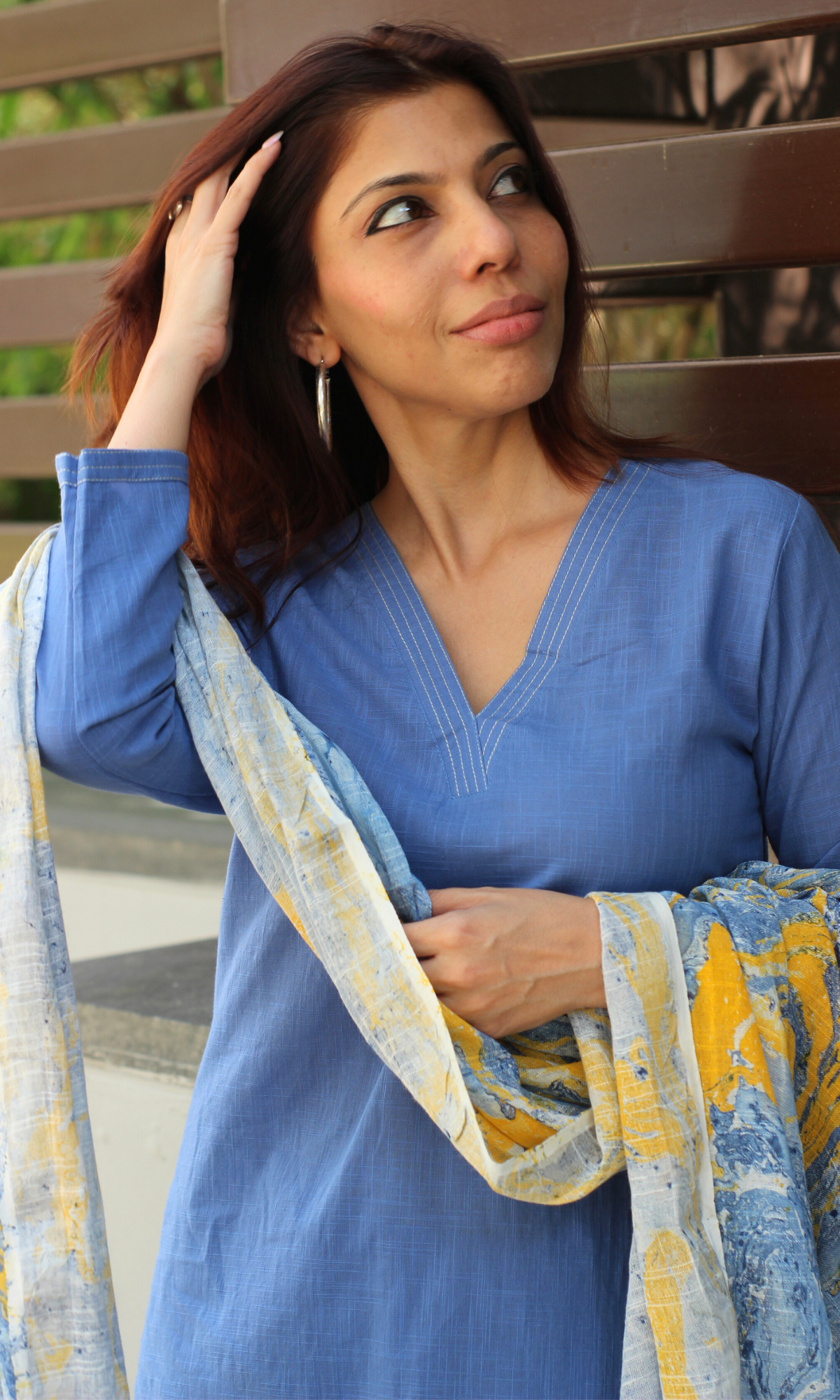 Cotton Slub French Blue Suit With Slub Mirage Dupatta