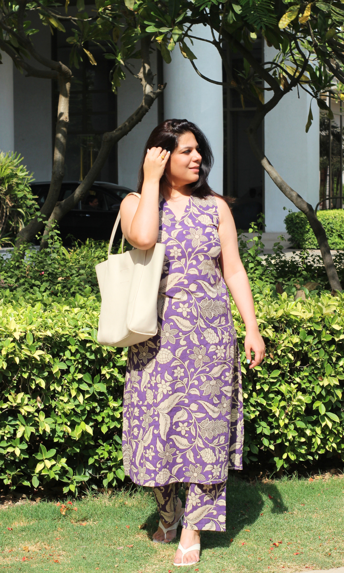 Cotton Handblock Purple Kalamkari phool print A line Kurta & Pants