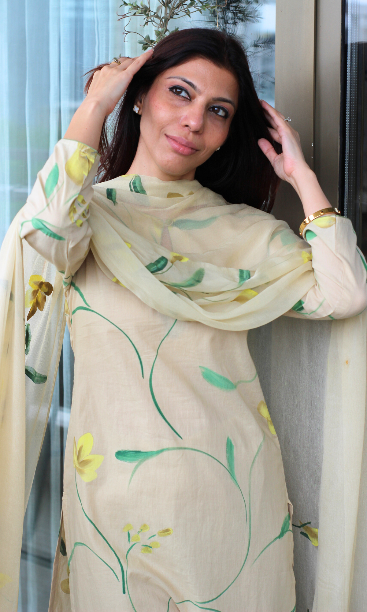 Cotton Beige & Yellow Handbrush Painted Kurta, Pant & Chiffon Handpainted Dupatta